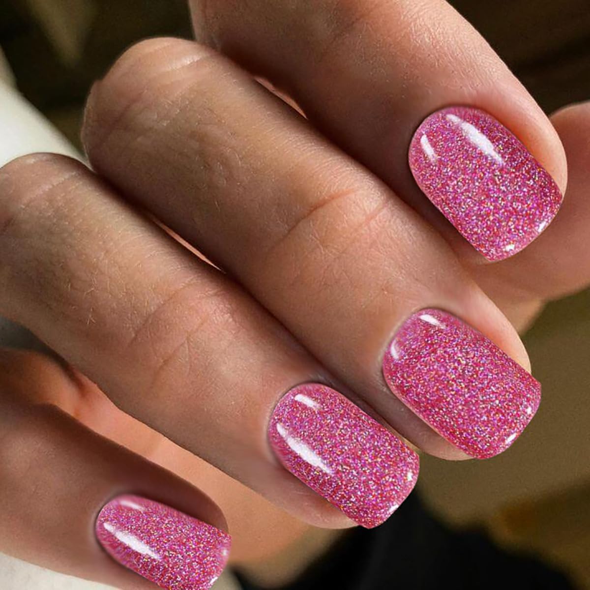 TOGZOM Pink Glitter Press On Nails Short Square Fake Nails Gel Finish Bling Acrylic Nails Kits Glossy Stick Glue on Nails Reusable Solid False Nails for Women Girl Nails Art Decoration 24Pcs, Style8