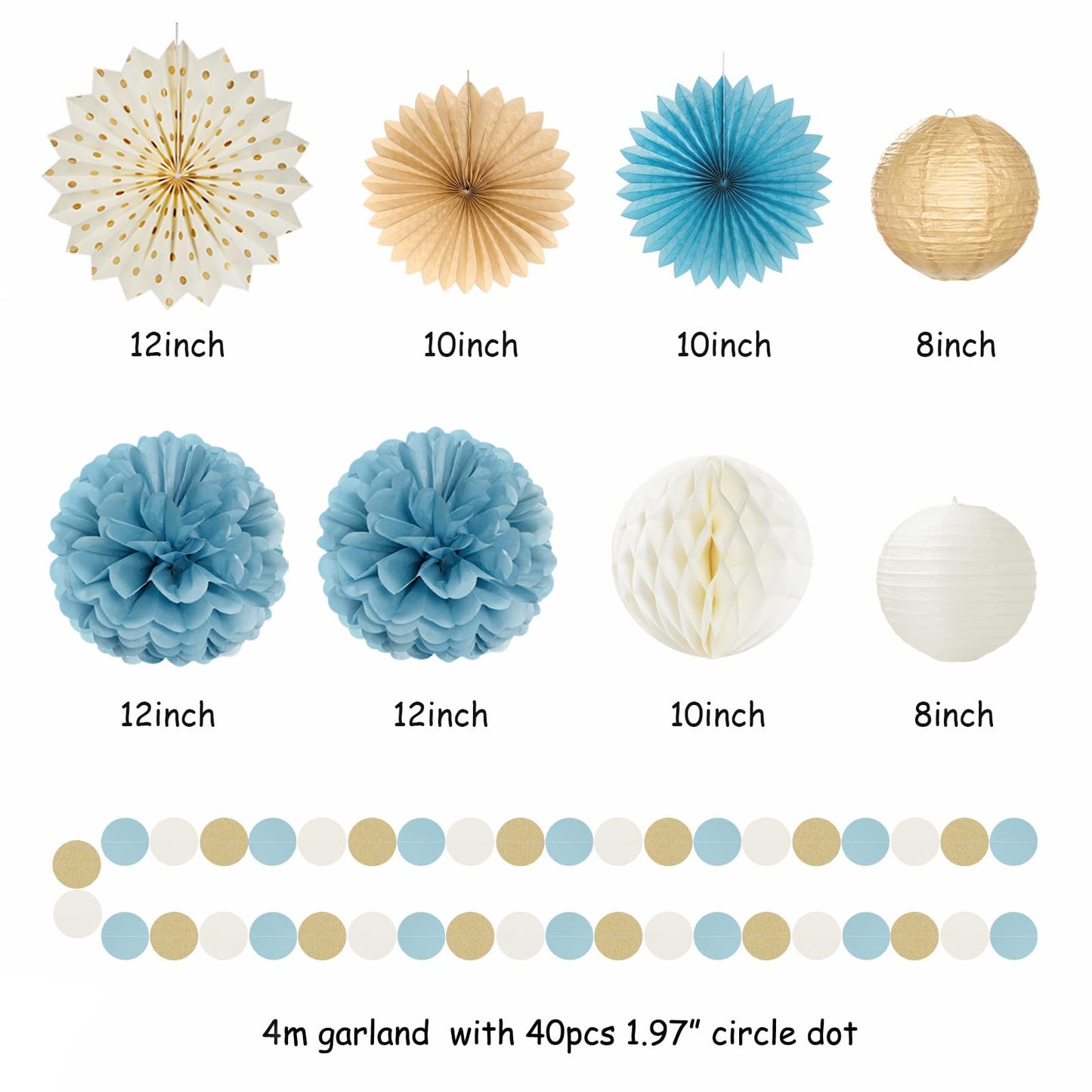 Light-Dusty Blue Beige-Champagne Birthday Party-Decorations - 19pcs Boho Neutral Streamers Banner,Paper Star Garland Lanterns Honeycomb Fan,Tissue Pom Poms,Wall Ceiling Backdrop Supplies Ouruola