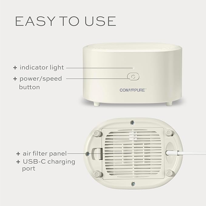 Conair Portable Small Air Purifier, Rechargeable Corded/Cordless, HEPA Air Filter, Allergy Relief, Dust, Pollen, Odor Control, Bedroom, Dorm Room, Small Room