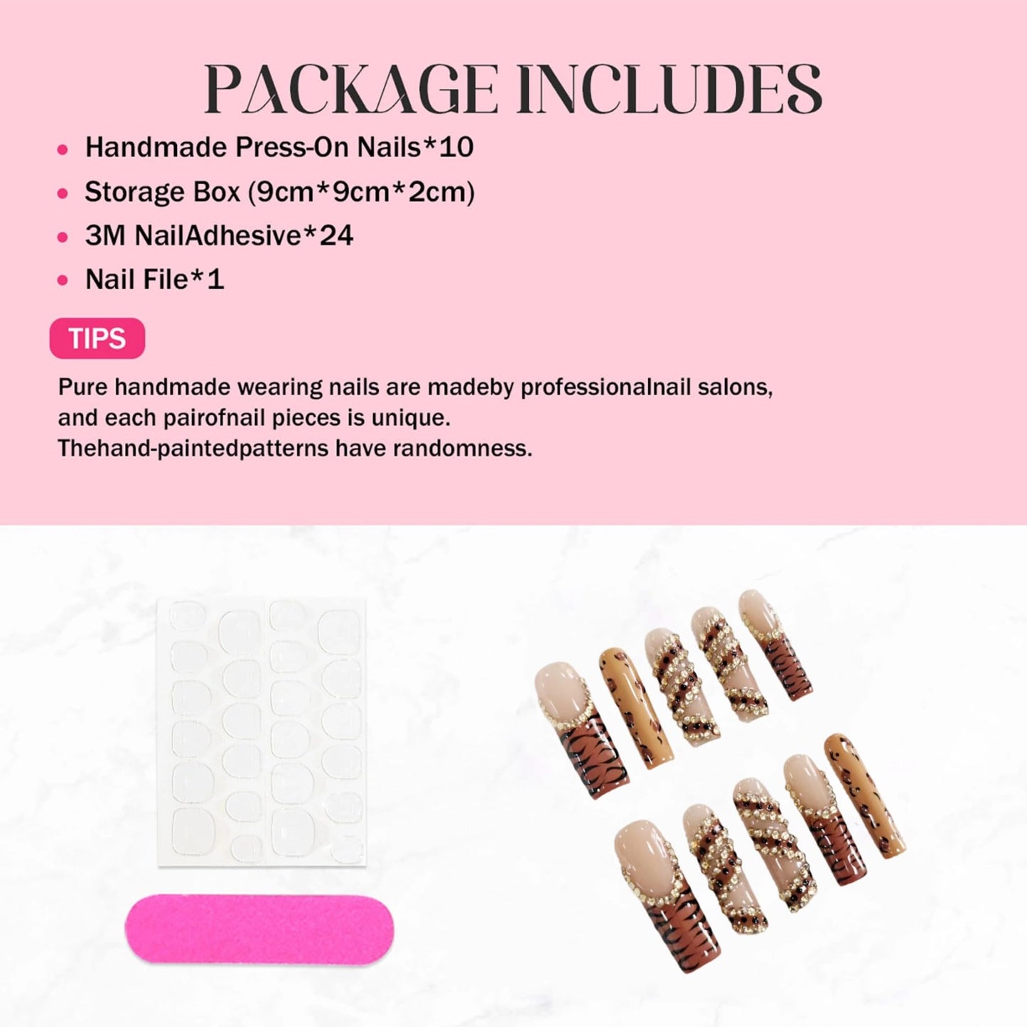 Handmade Press on Nails Extra Long Square Nails Press ons French Tip Leopard Fake Nails with Sparkly Rhinestones Designs False Nails Luxury Full Cove Acrylic Stick on Nail for Women DIY (Size M)