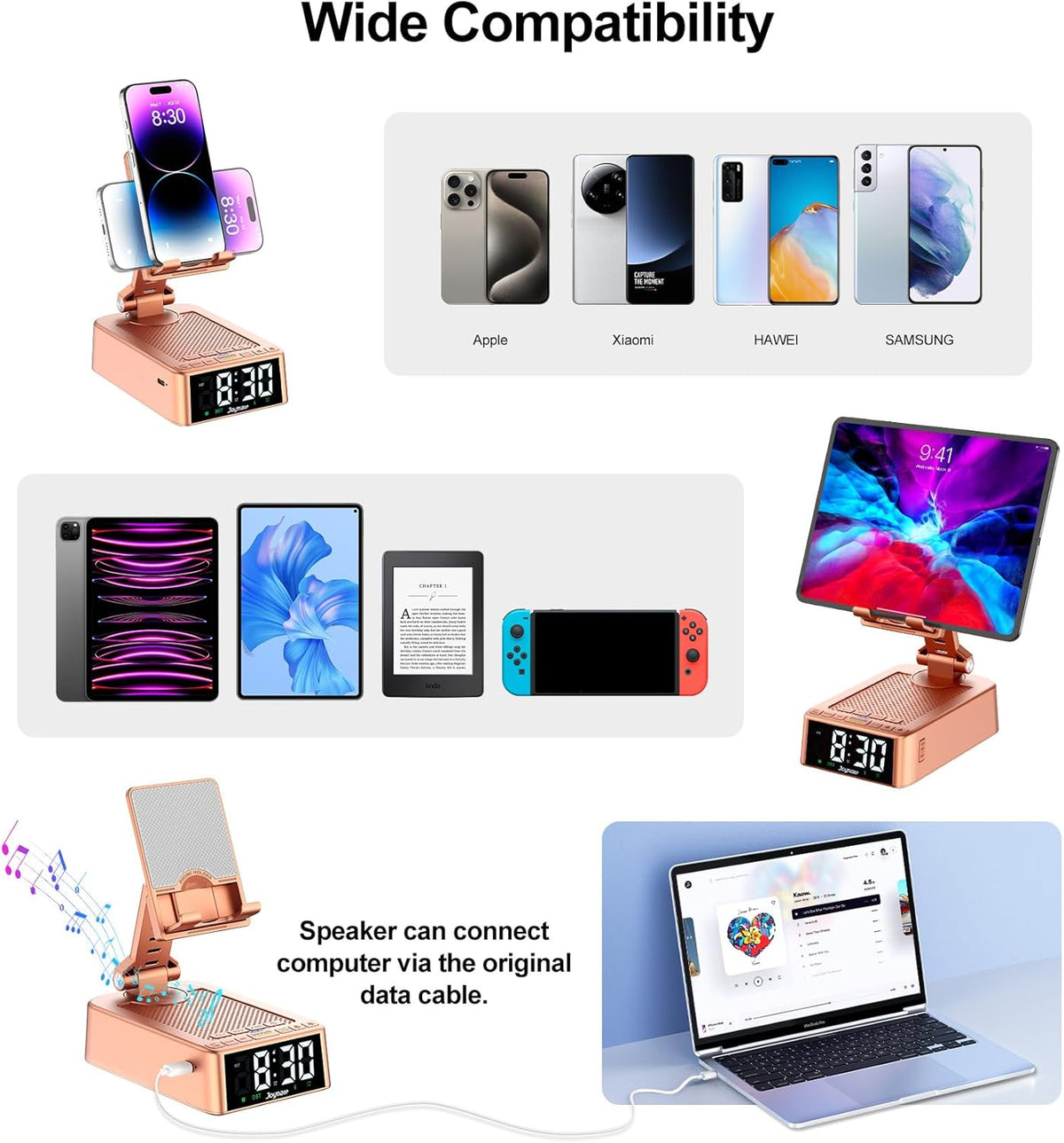 Gifts for Women Girls, Phone Stand with Bluetooth Speaker 360° Rotable Angel Adjustable Cell Phone Holder for Desk with HD Subwoofer Sound Fits All Phones,Tablets (Rose Gold)