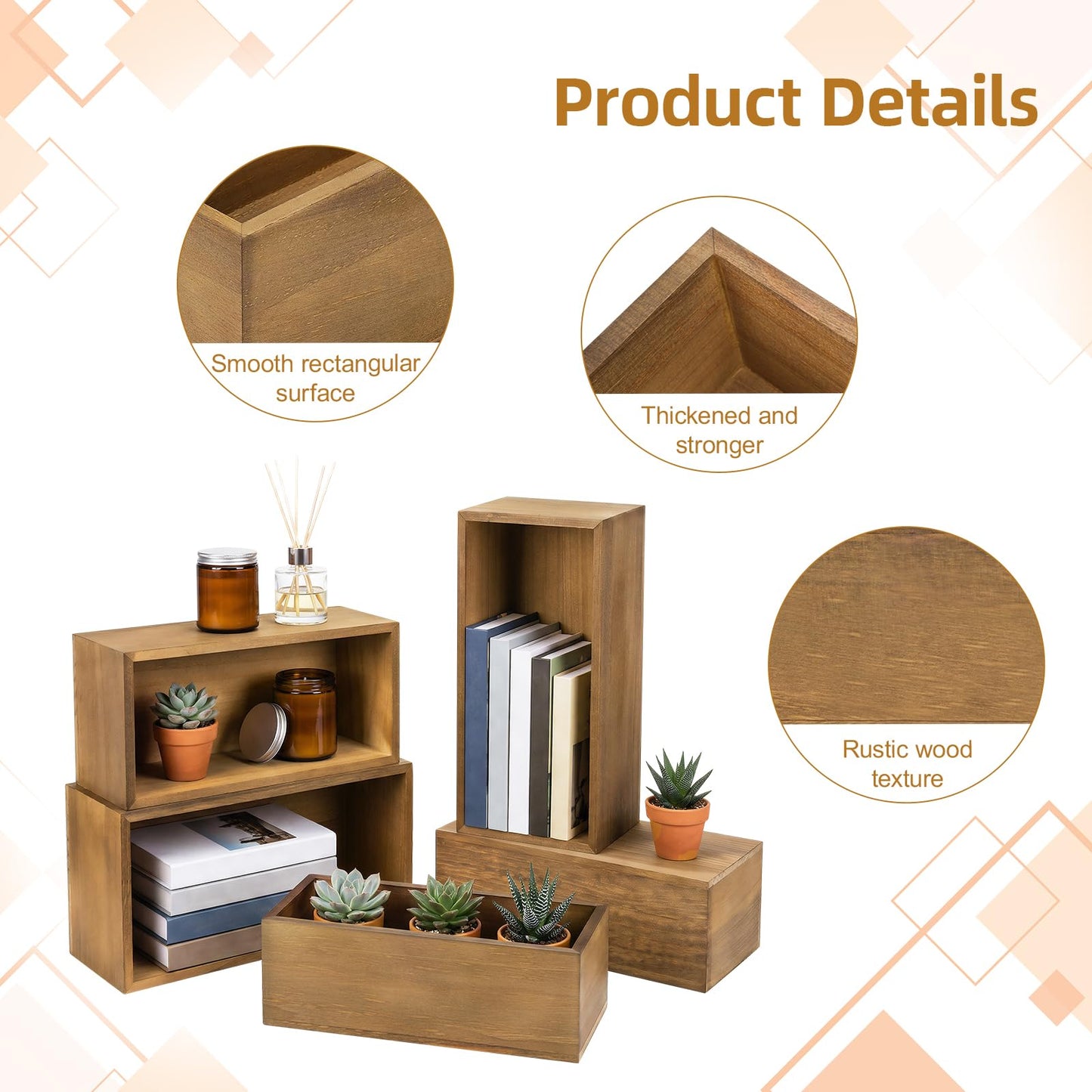 LEIFEOSH 6 Pcs Rustic Wooden Boxes for Storage, Decorative, Display, Arts & Crafts, Rectangle Wooden Crate Wood Planter Box Party Food Risers Nesting Box Wedding Table Centerpiece Home Decor, Brown