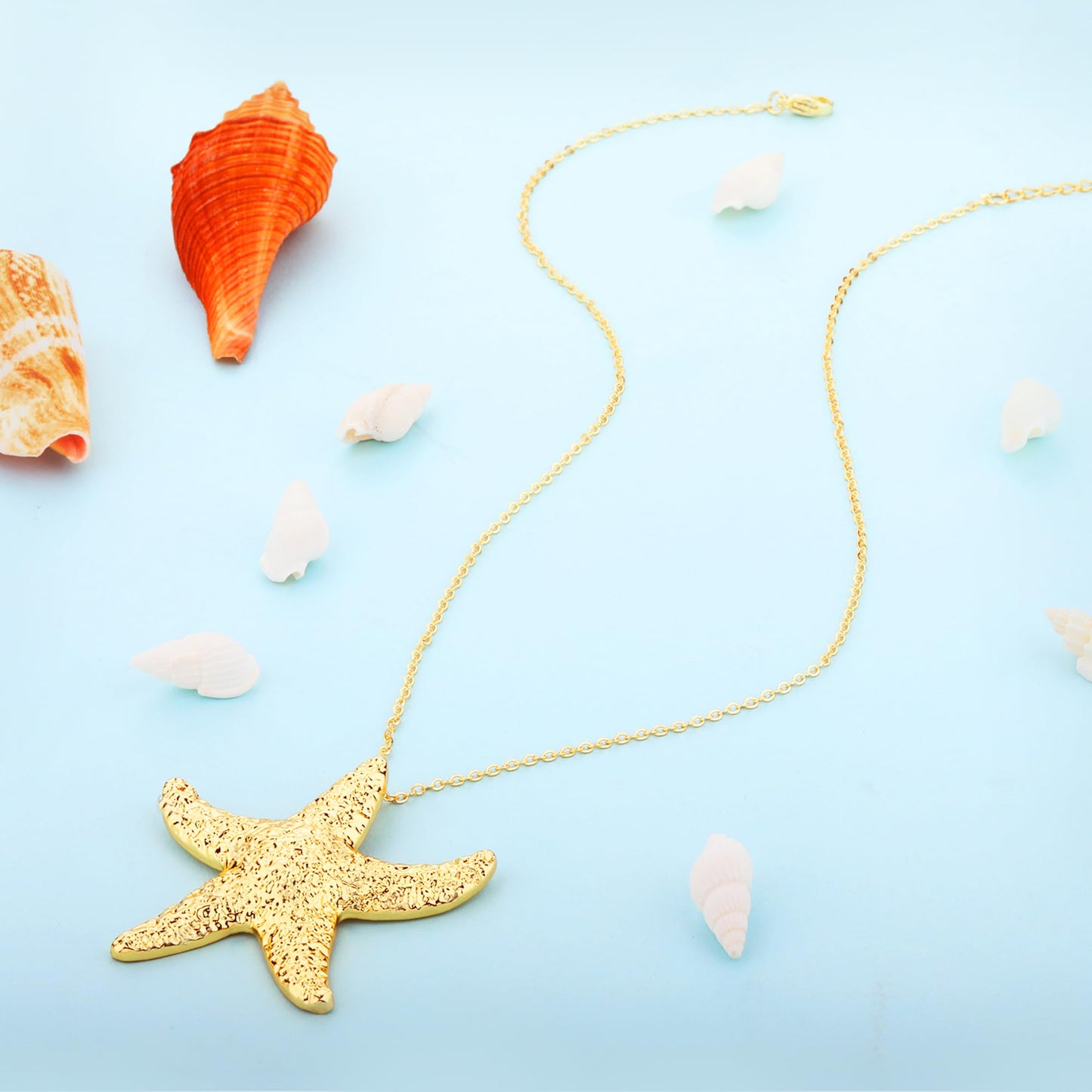 Seashell Starfish Necklace for Women Conch Shell Summer Pearl Beach 14k Gold Layered Dainty Choker (Big Starfish Necklace)