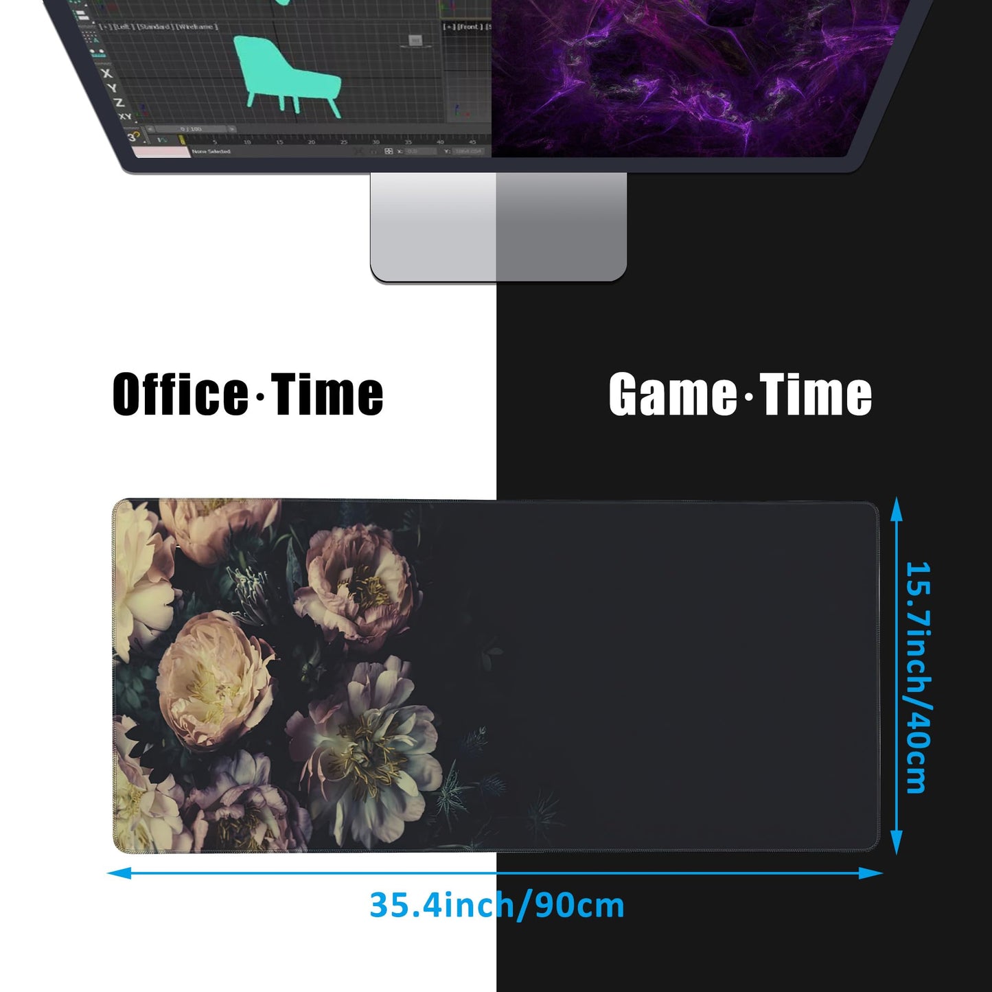 EOBKLAX Mouse Pad,Vintage Peonies Desk Mat for Desktop,Desk Pad with Non-Slip Base and Stitched Edge,Extended Mousepad for Office and Home 35.4X15.7 Inch