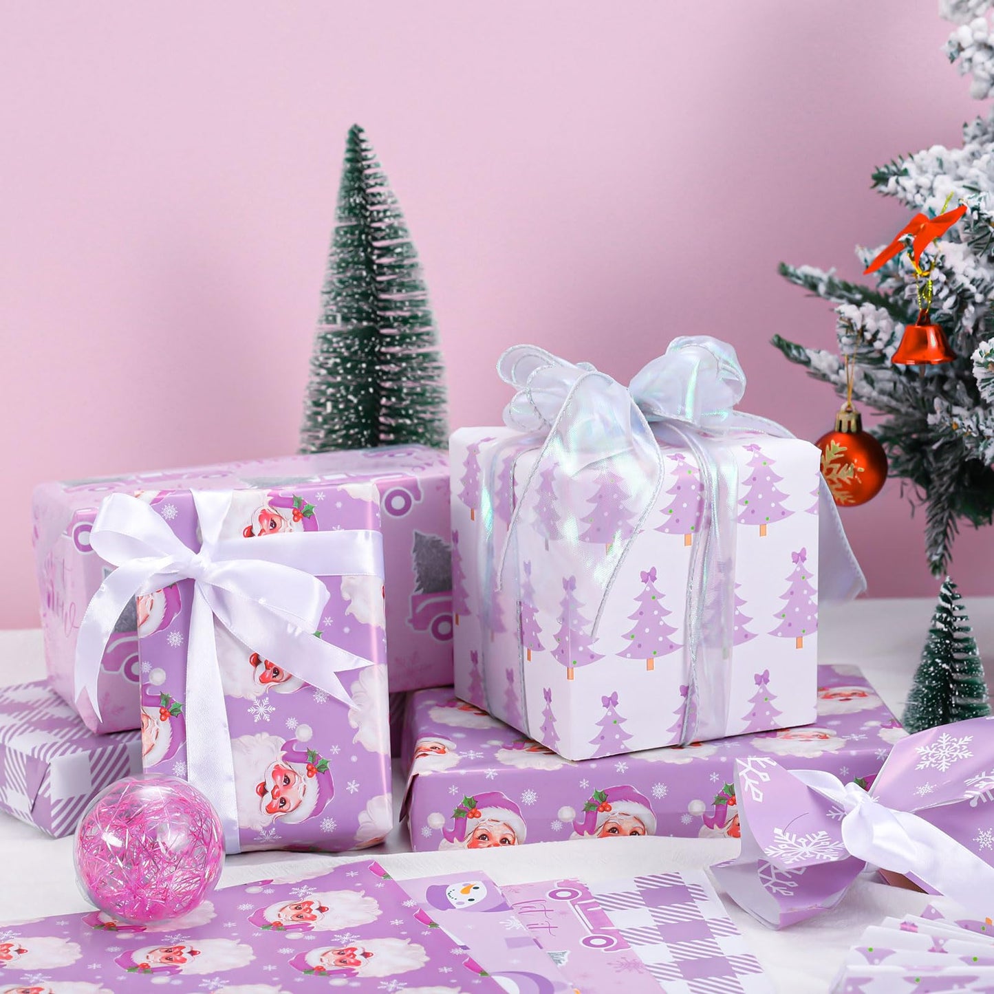 Whaline 12 Sheets Christmas Wrapping Paper - Not Roll - Purple Santa Tree Snowman Snowflake Gift Wrap Paper Folded Flat for DIY Crafts Xmas Winter Holiday Party, 19.7 x 27.6 Inch