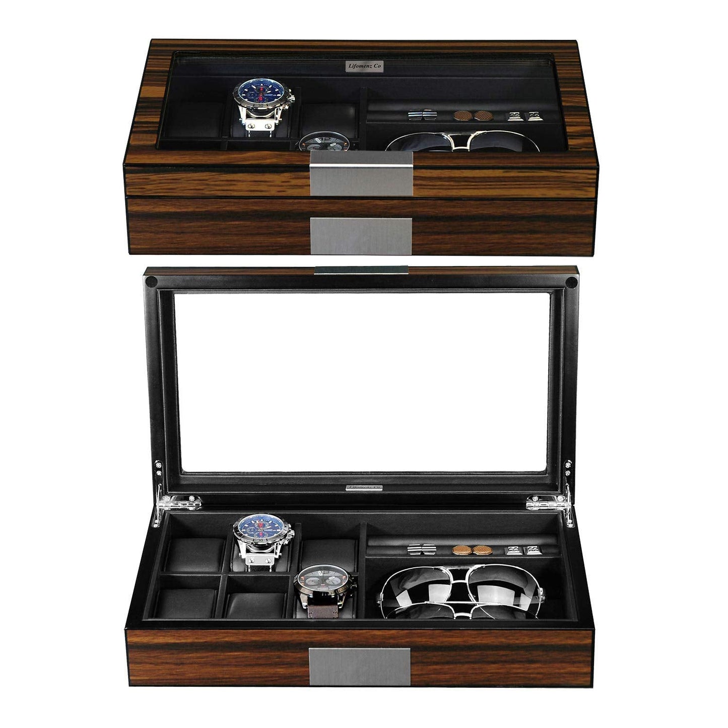 Lifomenz Co Men's 6 Slot Watch Box, 8 Pair Cufflinks & Sunglasses Display Case, Brown PU Leather & Glass Top