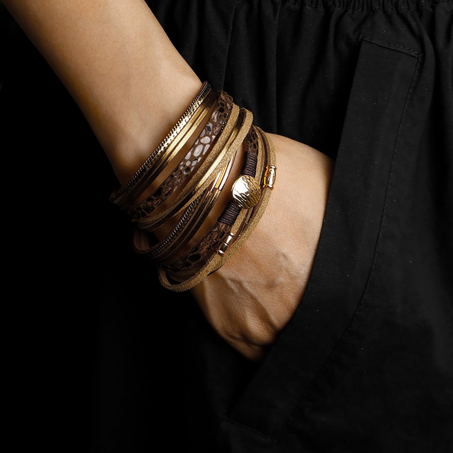 Leopard Bracelet for Women, Boho Leather Wrap Multi-Layer Pearl Crystal Bracelet Bangle Jewelry(Disc(Brown))
