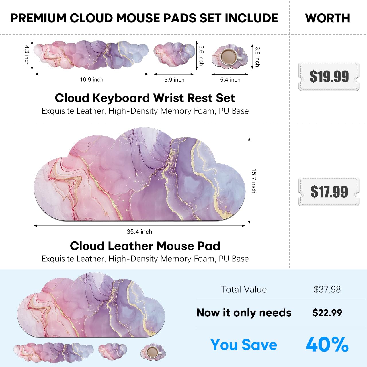 JIKIOU Large Cloud Mouse Pad Waterproof with Cloud Keyboard Wrist Pad and Cloud Mouse Wrist Pad Set, Ergonomic Computer Desk Wrist Support Mousepad for Keyboard and Mouse 35.4x15.7in Marble Pink