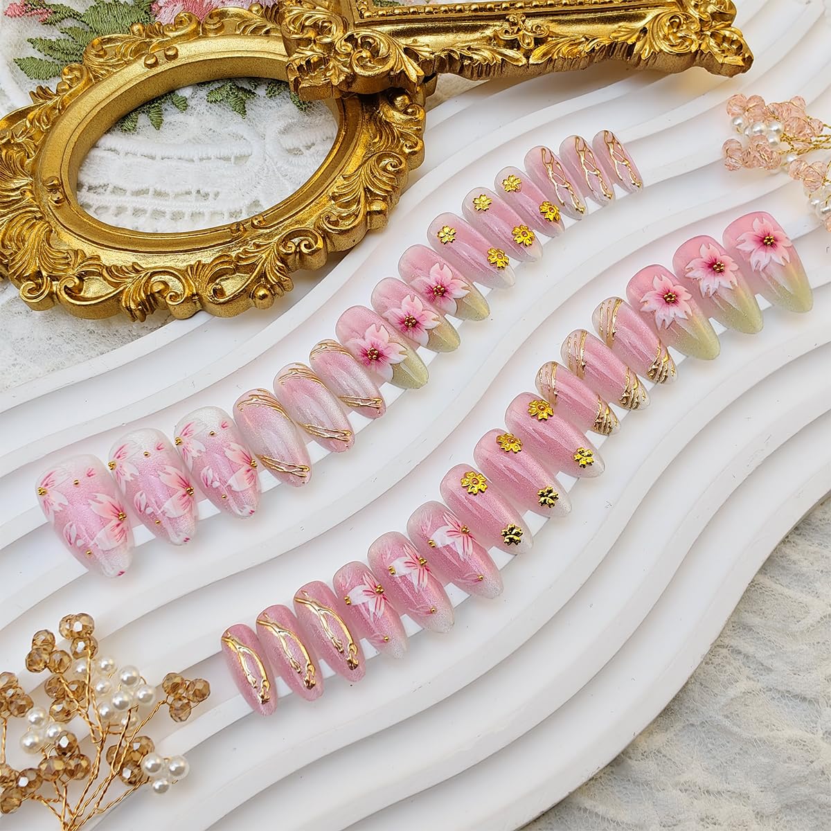 30Pcs Pink Flower Press on Nails Almond Medium Cherry Blossoms Fake Nails with 3D Flowers Gold Beads Design Cute Glue on Nails Spring Acrylic Nails Full Cover Peach Blossoms False Nails for Women