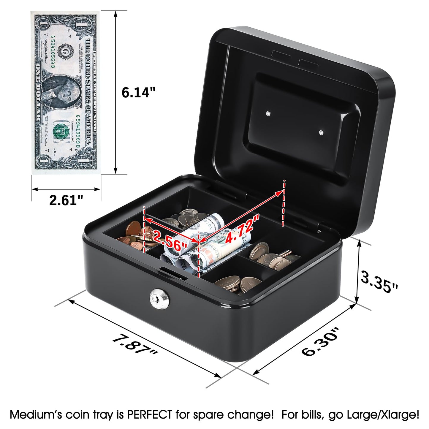 KYODOLED Medium Cash Box with Removable Money Tray, Key Lock Metal Storage Box with 2 Keys & Portable Handle, Safe Cash Drawer, 7.87"x 6.30"x 3.54", Black