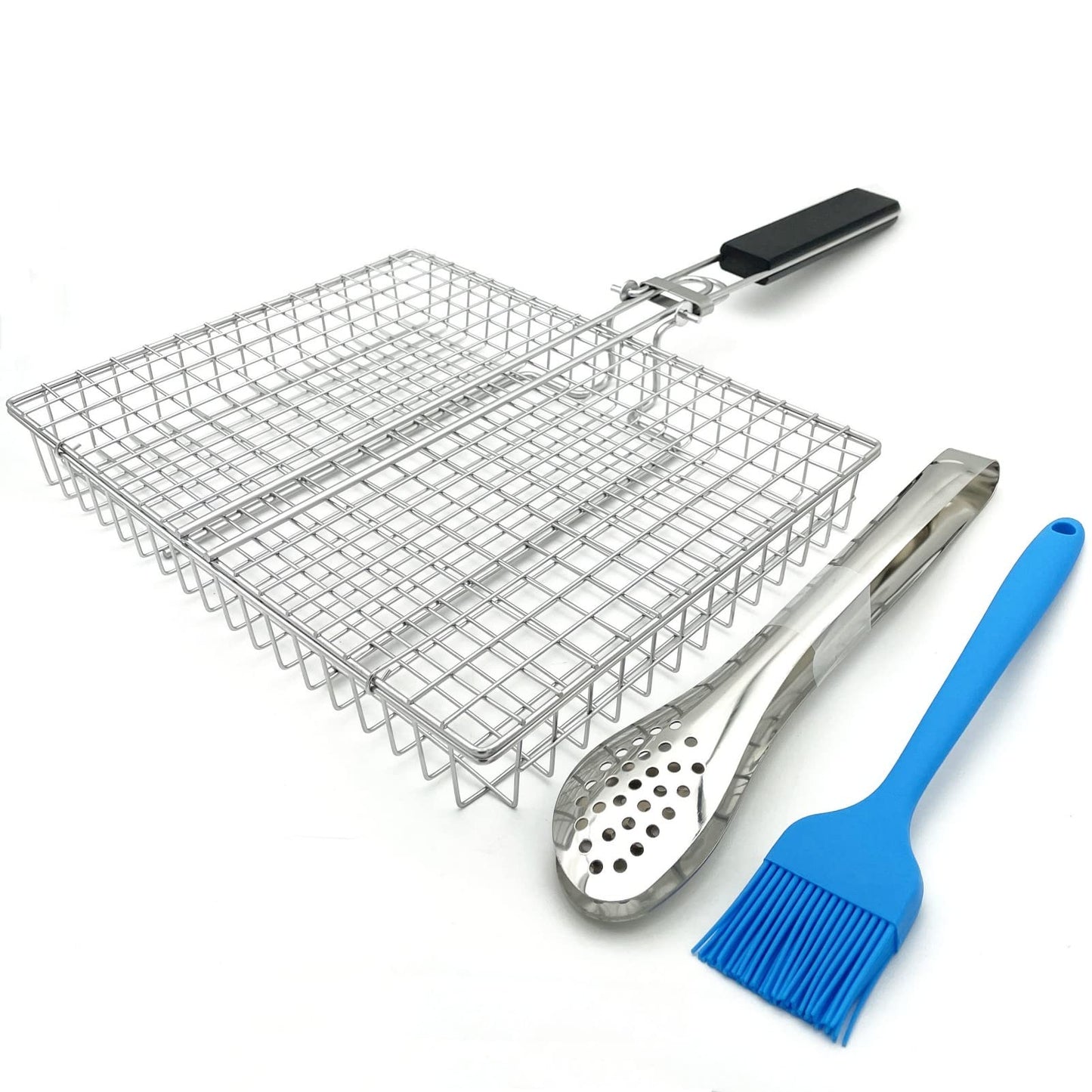 HTIAM Large Capacity Barbeque Grill Basket With Brush BBQ Tong Deeper Grilling Rack Havy Duty Stainless Steel BBQ Accessories Set