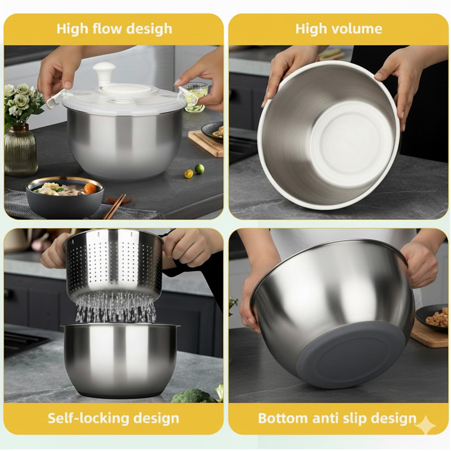 DuZhiLixon 6L-Stainless Steel Salad Rotator, Non-Slip Base, Vegetable Dishwasher, Multi-Use Lettuce Spinner, Kitchen Strainers.