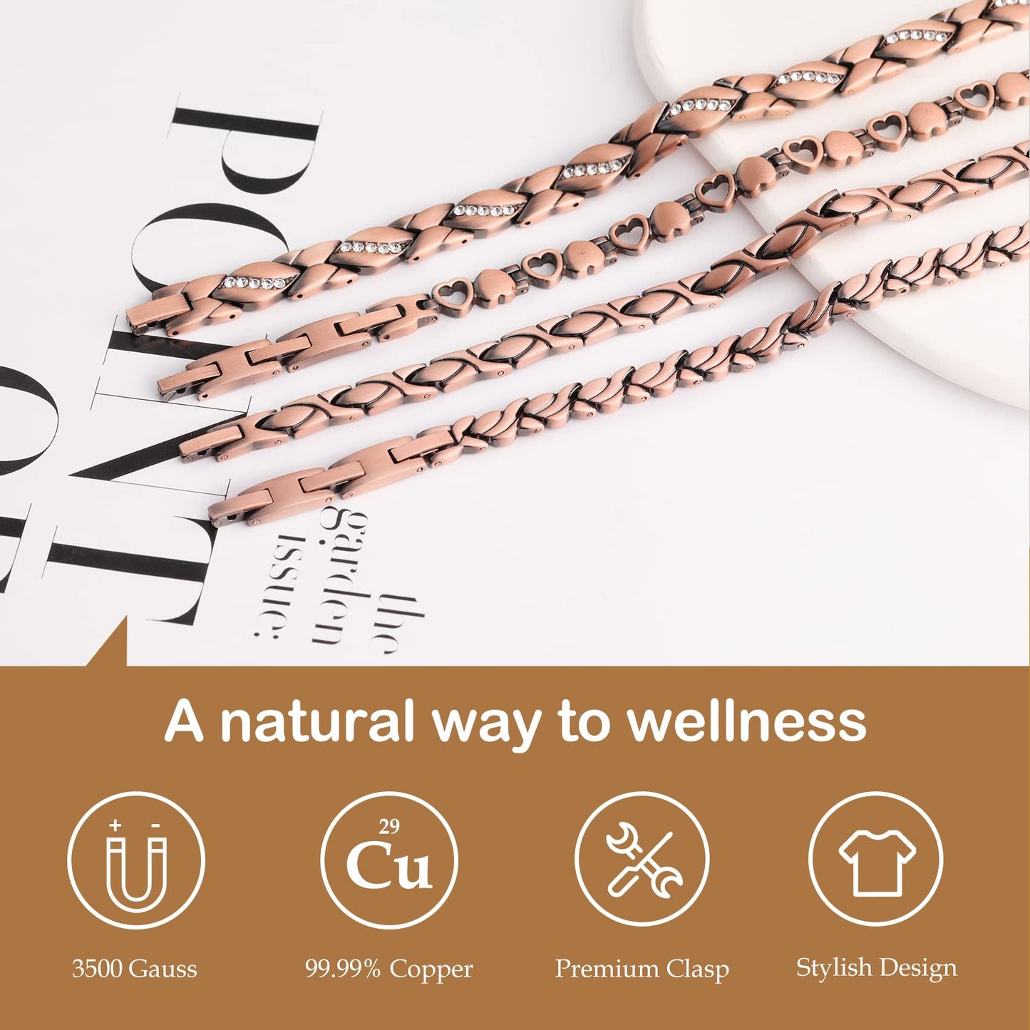 Feraco Copper Bracelets & Rings for Women, Ultra Strength Magnetic Bracelet with 3500 Gauss Neodymium Magnets, 99.99% Pure Copper Adjustable Jewelry Gift (Fishtail with Ring)