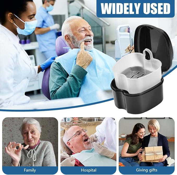 Black Denture Bath Case Cup Box Holder Storage Soak Container with Strainer Basket for Travel Cleaning