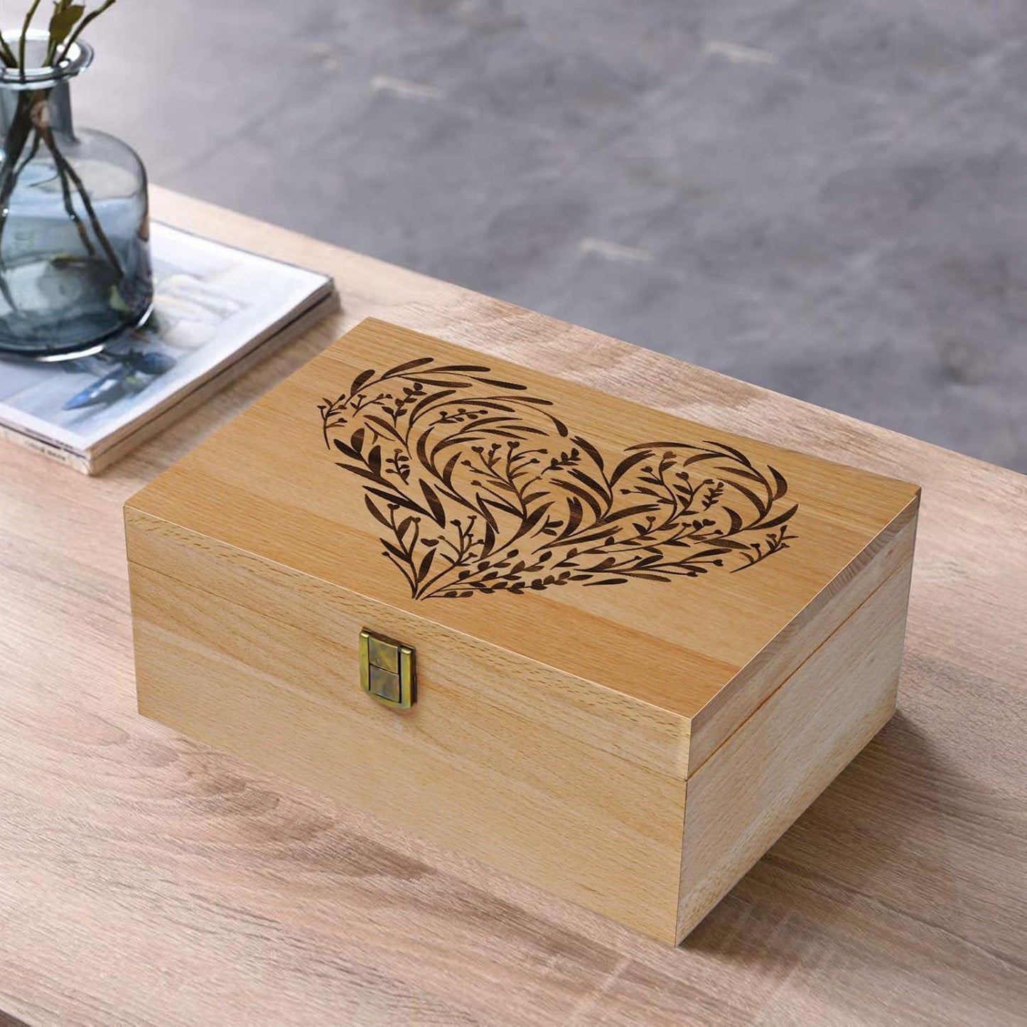 EDUROMI Memory Keepsake Wooden Box, Floral Heart Engraved Keepsake Boxes with Lids, Memory Box for Keepsakes for Anniversary, Wedding, Memory, Birthday, Valentines Day, Wood Box for Office or Home
