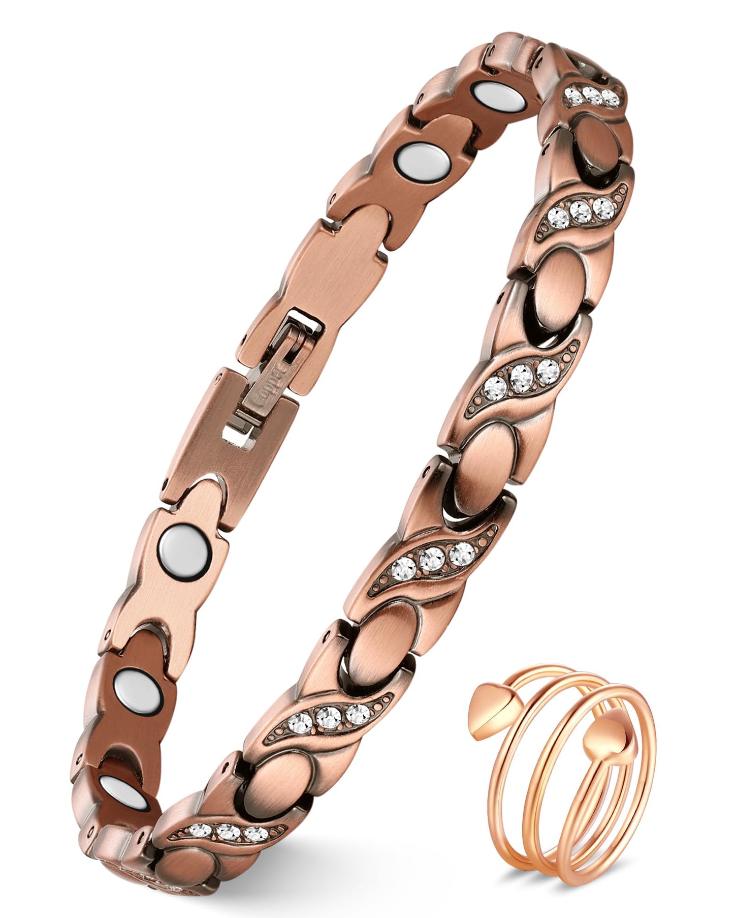 Feraco Pure Copper Bracelets & Rings for Women, Ultra Strength Magnetic Bracelet with 3500 Gauss Magnets & Sparkling Cubic Zirconia, Adjustable, Infinite Symbol