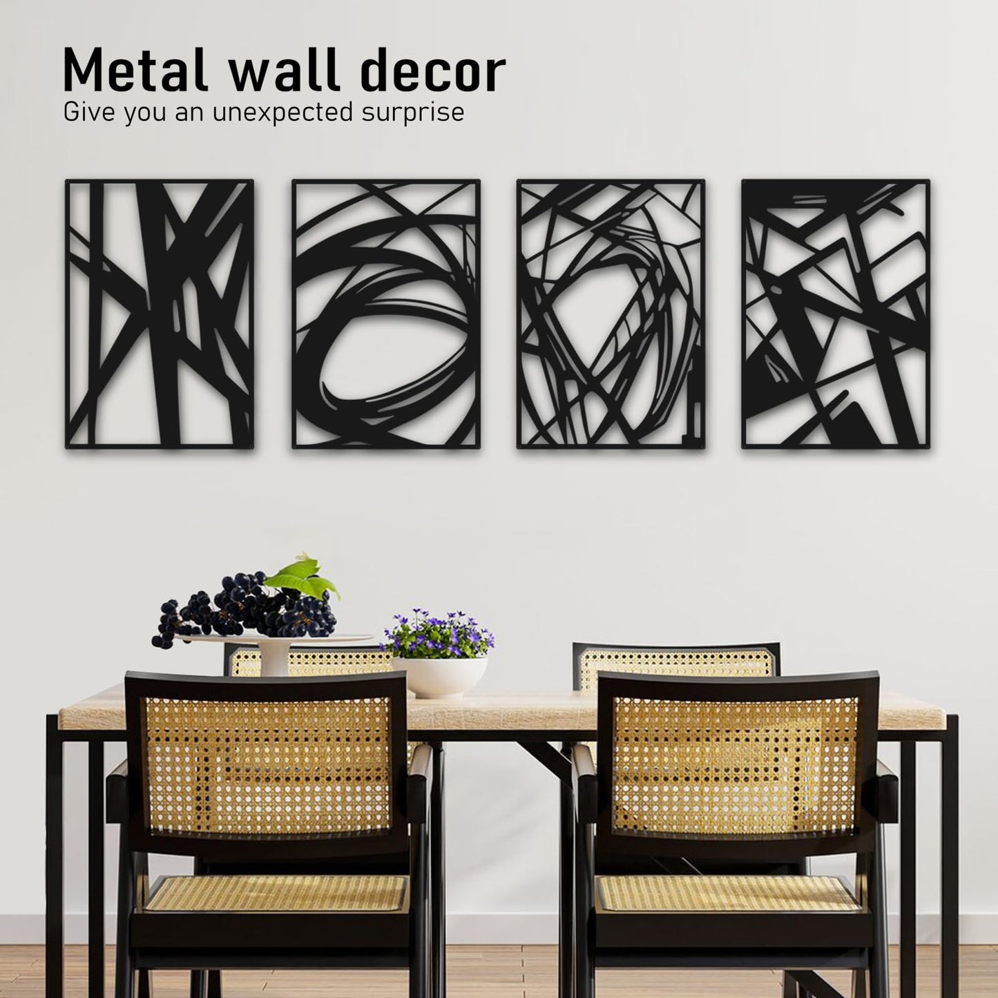 Bakovity Black Abstract Wall Art, Metal Art Wall Decor, Modern Large Wall Art, 3D Abstract Wall Sculptures for Bedroom Bathroom Living Room (4 Pack, 16 x 11 in)