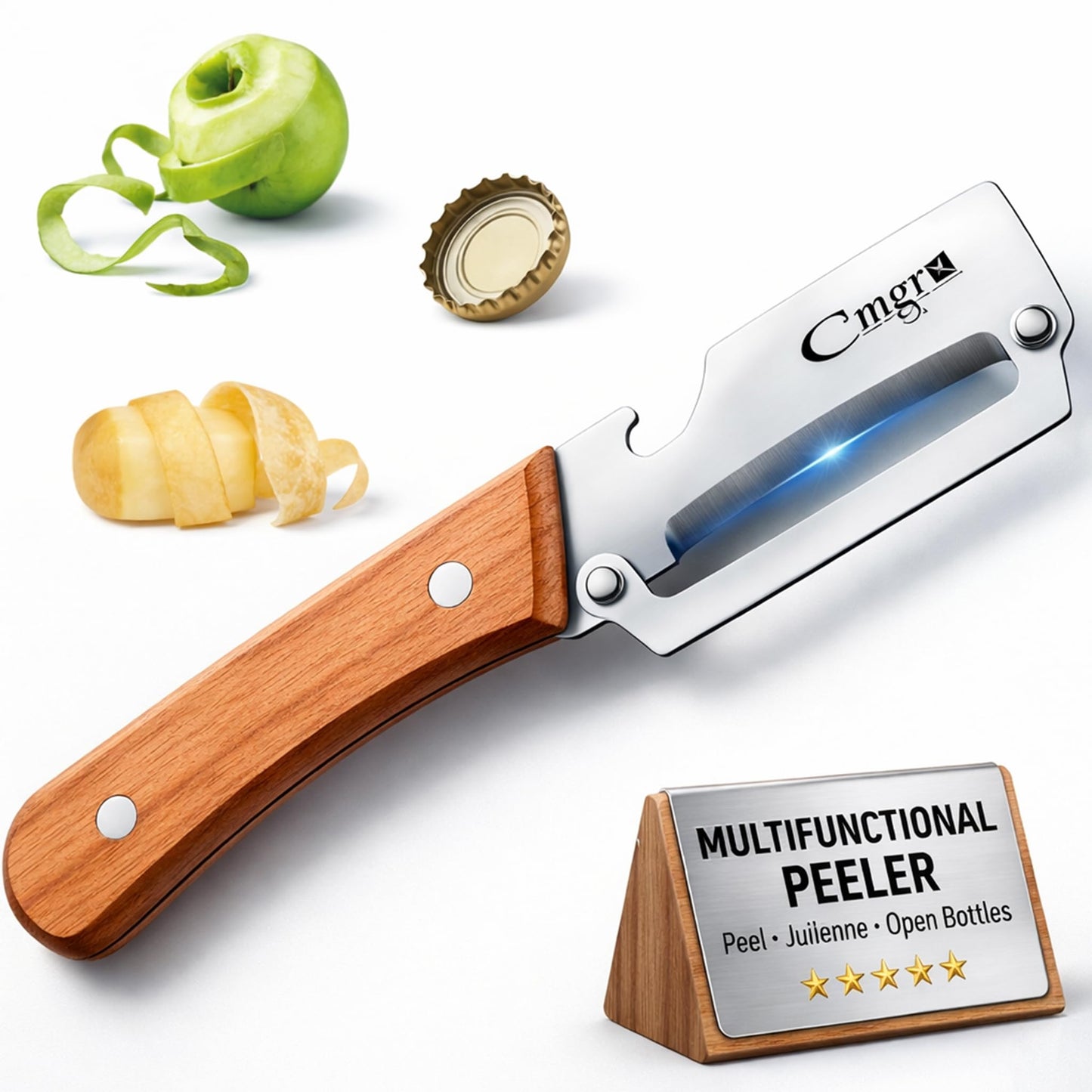 Vegetable Peeler, Multifunctional Stainless Steel Potato & Fruit Peeler with Bottle Opener, Wooden Handle Kitchen Tool, Zero Snag Design
