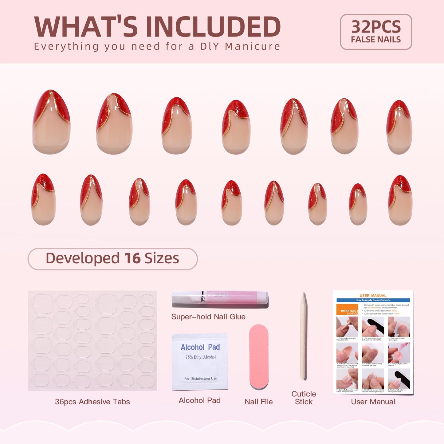 Hrnsnails Almond Press On Nails, Glue On Nails Short Fake Nails Red French Tip Nails with Golden Lines Designs, Acrylic Nails Press On Gel False Nails,Artificial Nails Stick On Nails for Women