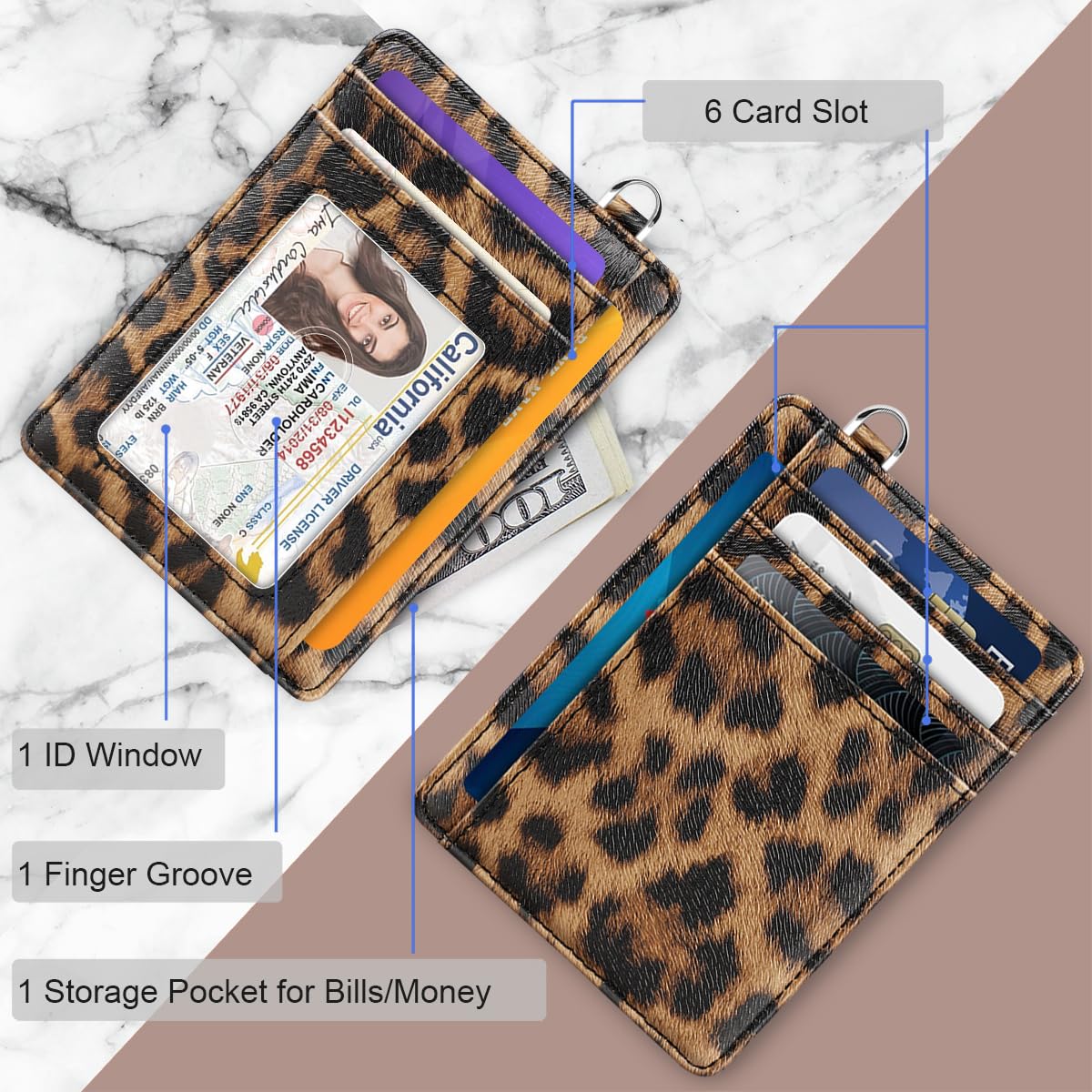 Coco Rossi Slim Front Pocket Wallet Minimalist RFID ID Card Holder Cute Small Wallets with Wrist Lanyards Key Chain Holder for Women, Brown Leopard
