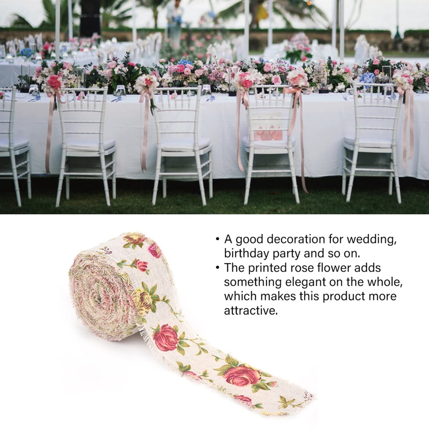 Printed Rose Flower Burlap Ribbon, 10m/32.8ft Hessian Jute Belt Strap Fabric, Wedding Birthday Party Decor, Home Embellishment