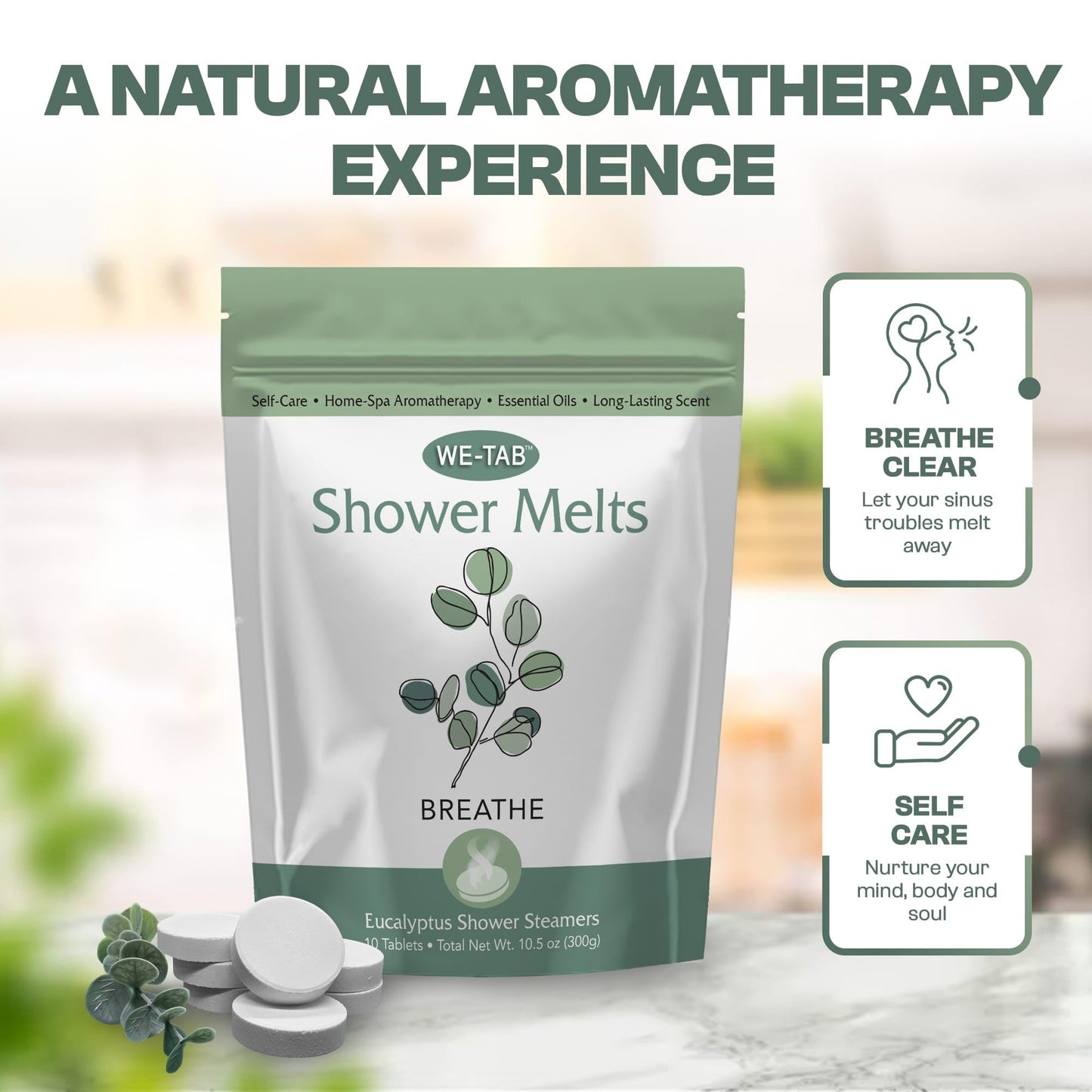 We-Tab Shower Steamers 10-pk with Essential Oil Aromatherapy to Breathe Clear, Long Lasting Eucalyptus Scent, for Relaxation, Stress & Sinus Relief and Self Care. Great for Flu & Cold Season.