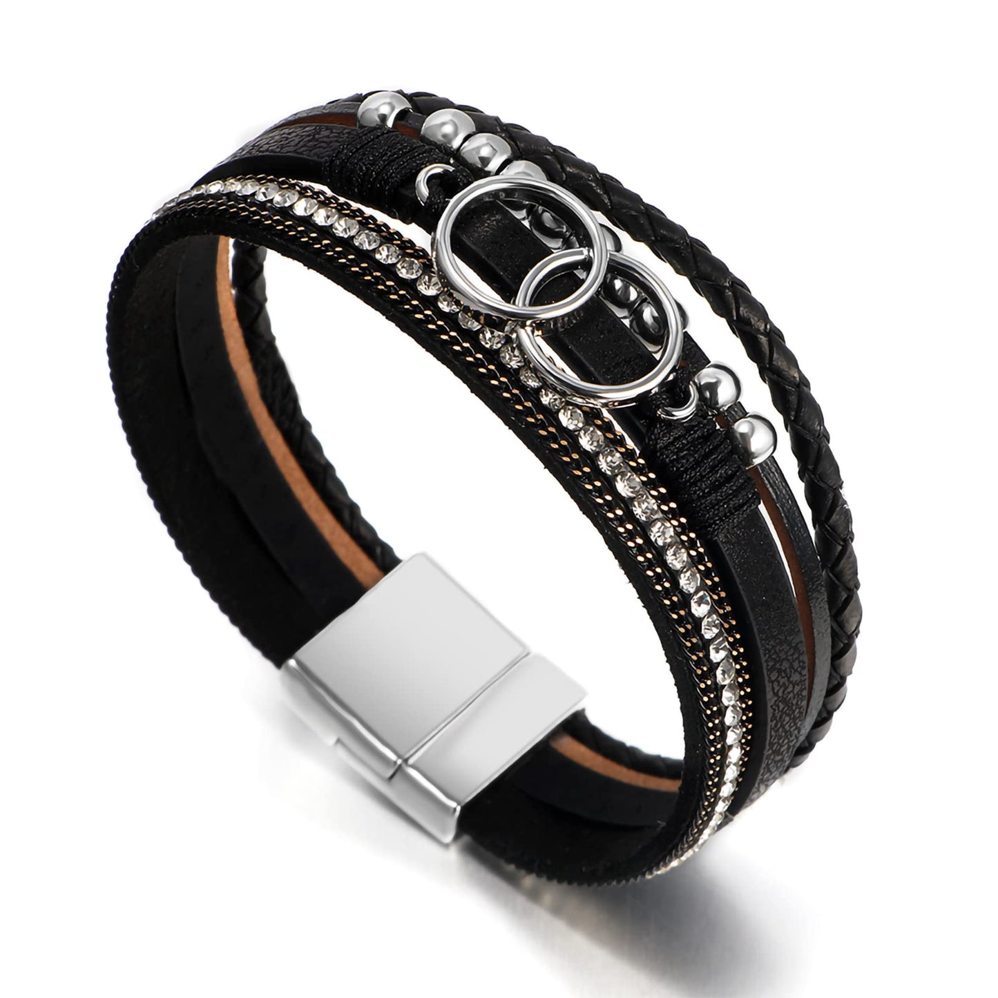 Leopard Bracelet for Women, Boho Leather Wrap Multi-Layer Pearl Crystal Bracelet Bangle Jewelry (Double Circle(Black))