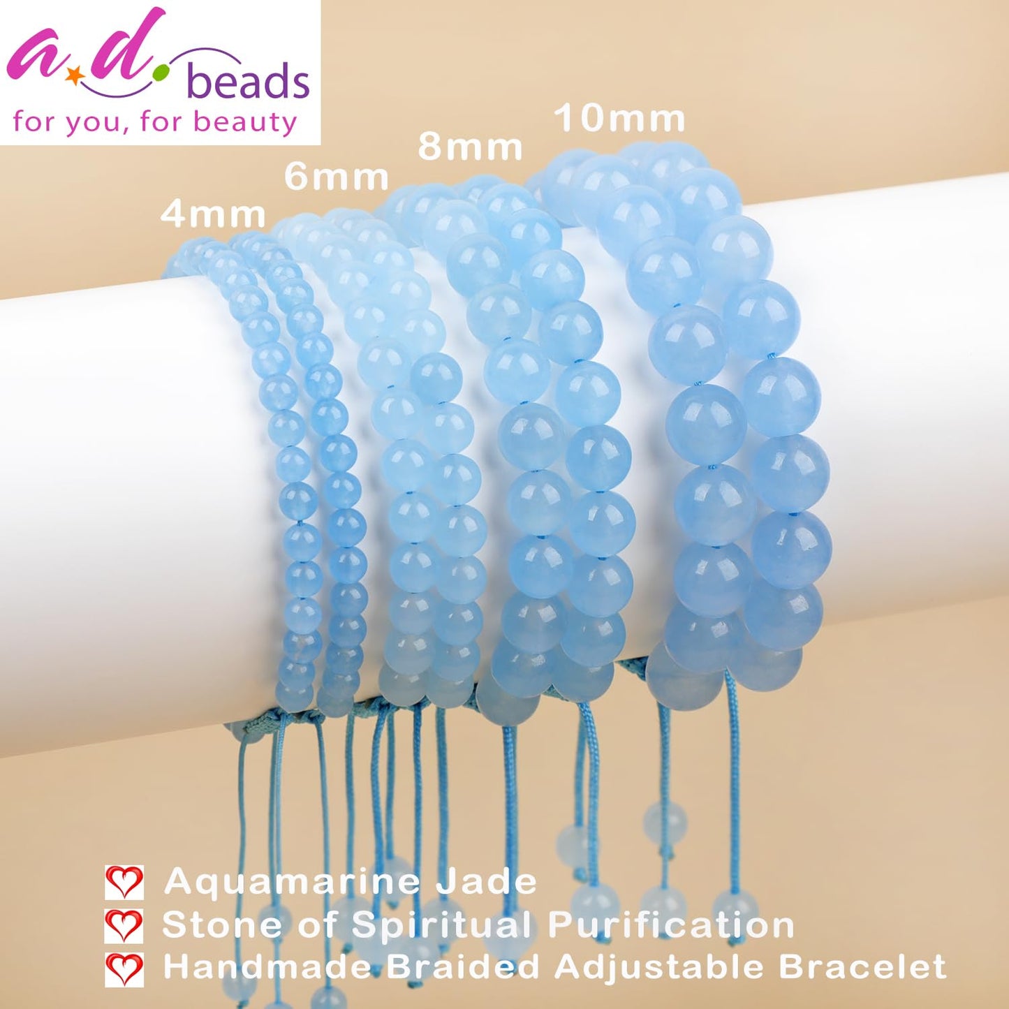 AD Beads 4mm Aquamarine Jade - Spiritual Purification - Handmade Natural Stone Crystal Bracelet with Adjustable Macrame String - Yoga Healing Power Energy Gifts for Men and Women