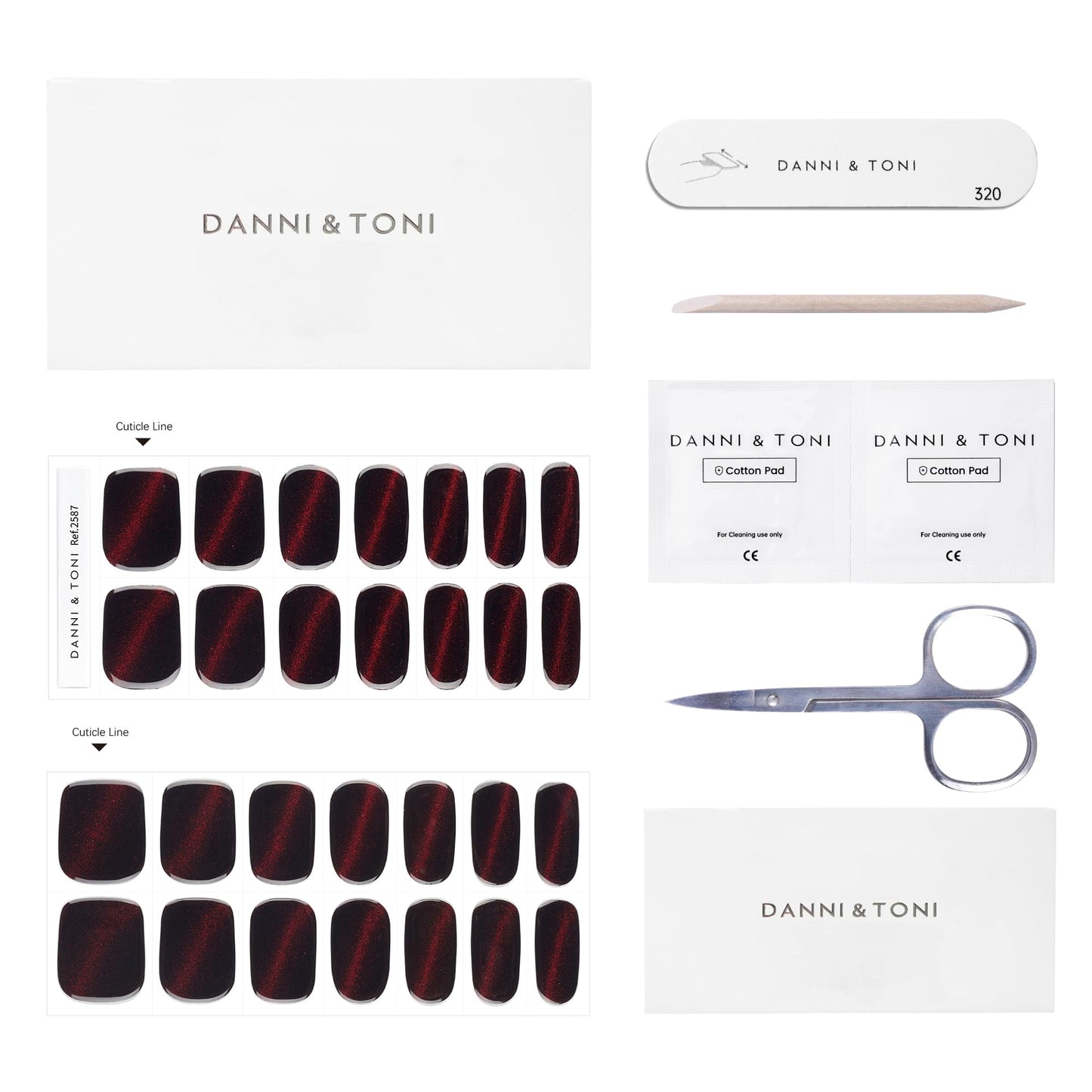 DANNI & TONI Semi Cured Gel Nail Strips Dark Red (Bonfire Night) Cat Eye Magnetic Gel Nail Wraps 28 Stickers