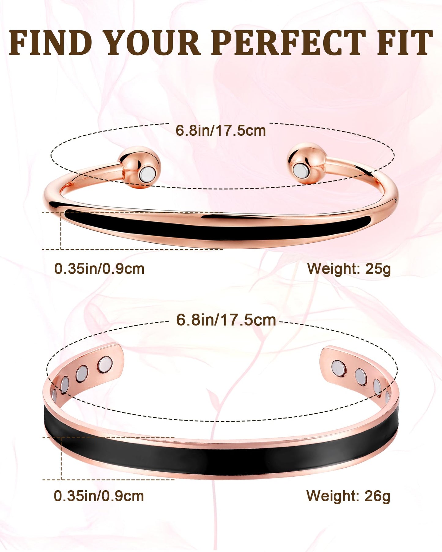 Fashtour Copper Bracelets for Women Men, 99.99% Pure Magnetic Therapy Cuff for Couples, Adjustable 2Pcs Set with 8 Magnets Therapy Cuff Jewelry Gift (COPPER&BLACK)