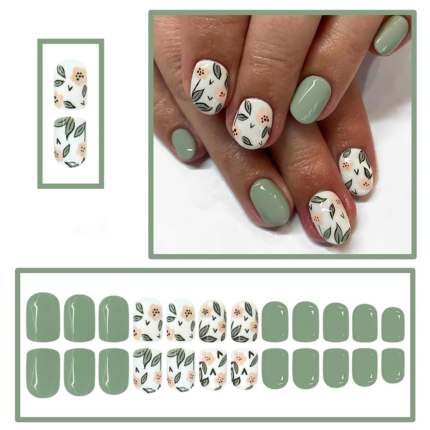 Green Flower Press On Nails Short Oval Fake Nails Artificial Acrylic False Nails With Leaf Designs Spring Glossy Nails Press Ons Full Cover Glue On Nails Short Stick On Nails For Women Girls