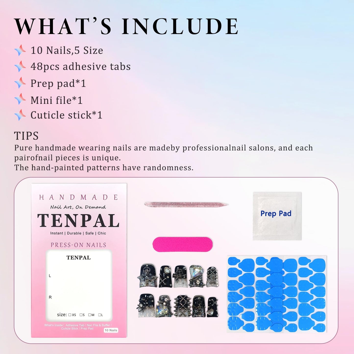 TENPAL 10Pcs Gothic Duck Nails Handmade Thick Press on Nails with Clip,Punk Studs Crystal Skull Short Duck Fake Nail Tips,Glossy Black Duckbill for Halloween Party,Reusable Dark Glam Glue on Nails(L)