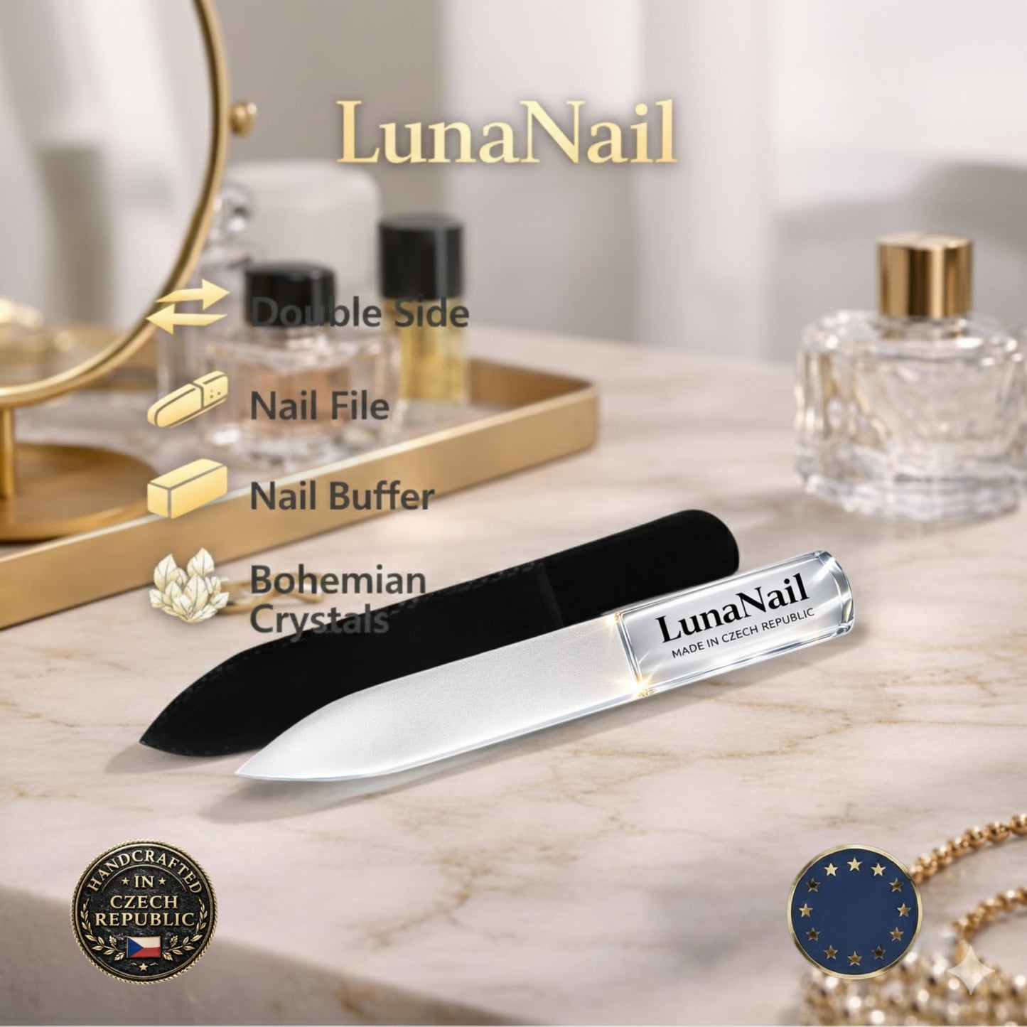 LunaNail Nano Czech Glass Nail File & Buffer 2-in-1, Velvet Case, Crystal Polisher, Mirror-Shine, Keratin-Sealing, Travel Friendly