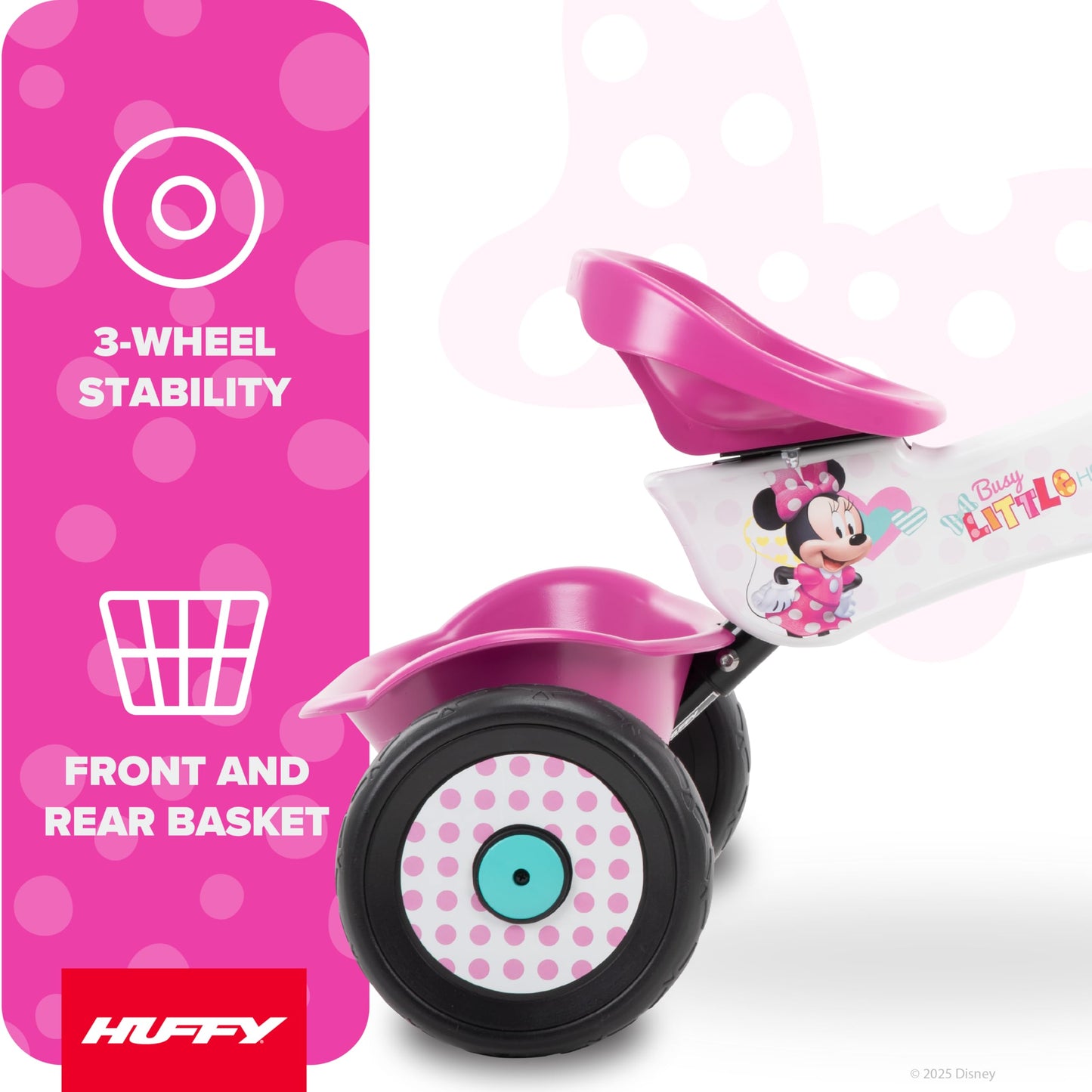 Huffy Disney Minnie Mouse Girl's Trike, Ideal for Ages 3+, Minnie Mouse Graphics, Pink Handlebar Bow Basket, Storage Bins for Snacks or Toys, Sturdy and Durable, Safe for Toddlers