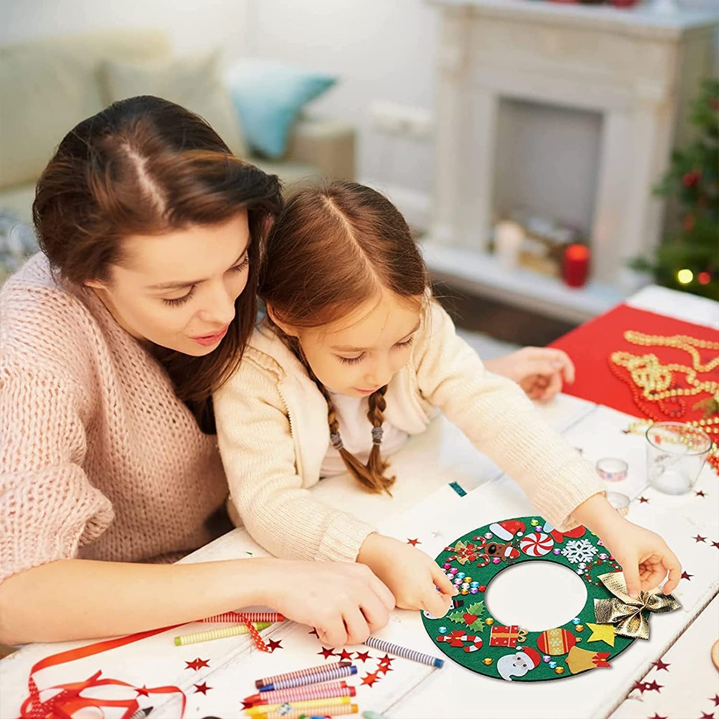Tatuo 12 Pcs Felt Christmas Tree Wreath Decorating Craft Christmas DIY Ornaments Making Kit with 221 Self Adhesive Felt Stickers 12 Bows and 5 Gem Stickers (Wreath Style)