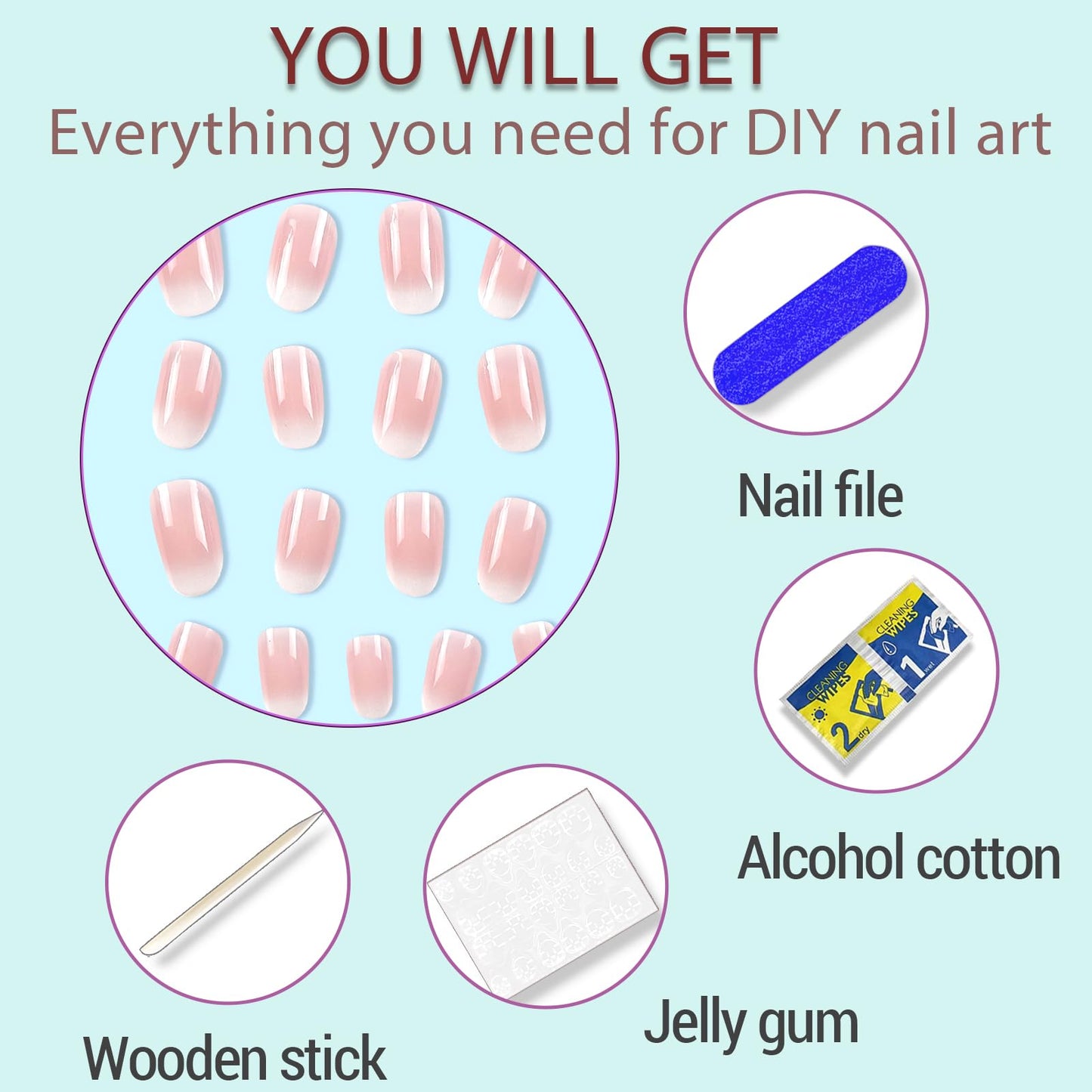 Almond Medium Round Pink Ombre False Nails - 24pcs Press On Acrylic Nails with Gloss Designs