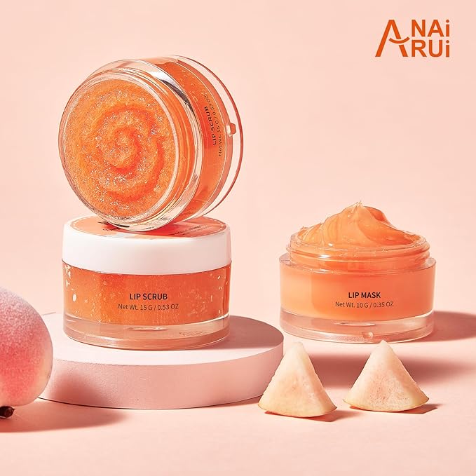 ANAI RUI Lip Care Kit - Mask & Scrub Set, Gift for Mother Girls, Overnight Treatment With Sleeping Mask & Sugar Exfoliator, Moisturizer for Dry, Chapped, Dark Lips, Peach