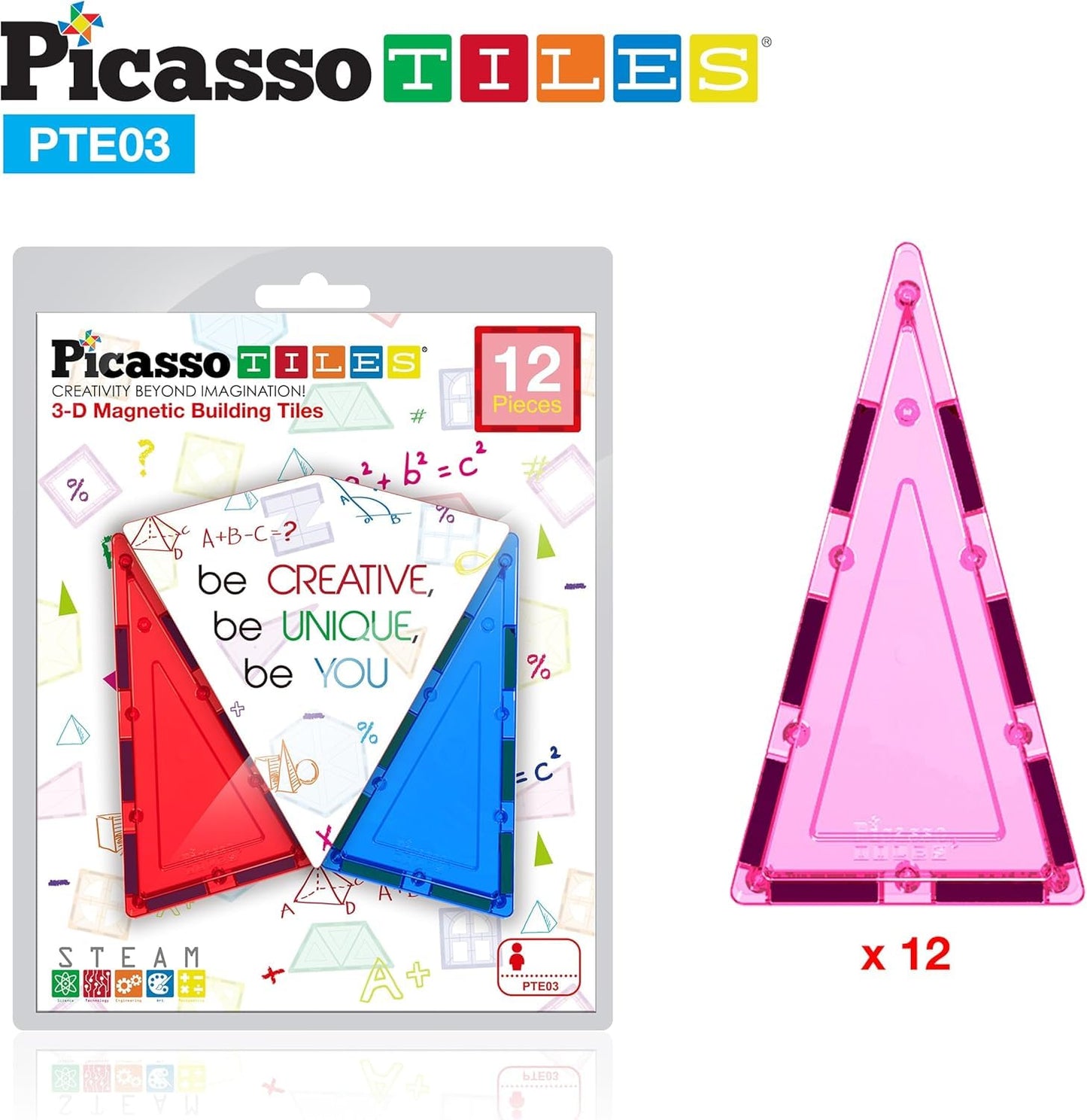 PicassoTiles 12pcs Magnetic Building Block Set Isosceles Triangle Magnet Tiles Construction Toy STEM Learning Kit Educational Playboard Prek Pretend Play Stacking Blocks Child Brain Development PTE03