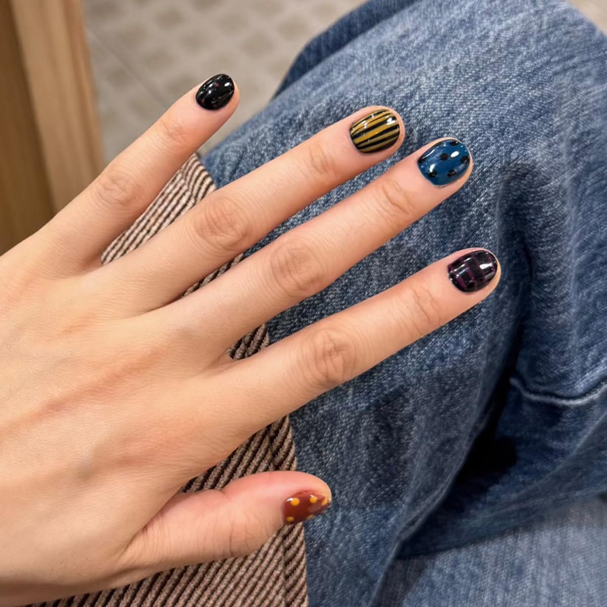 Short Press on Nails Square Fake Nails Funky Nails Press ons with Stripes,Polka Dots Design,Reusable Artificial Nail Full Cover Stick on Nails for Women Manicure 24 Pcs
