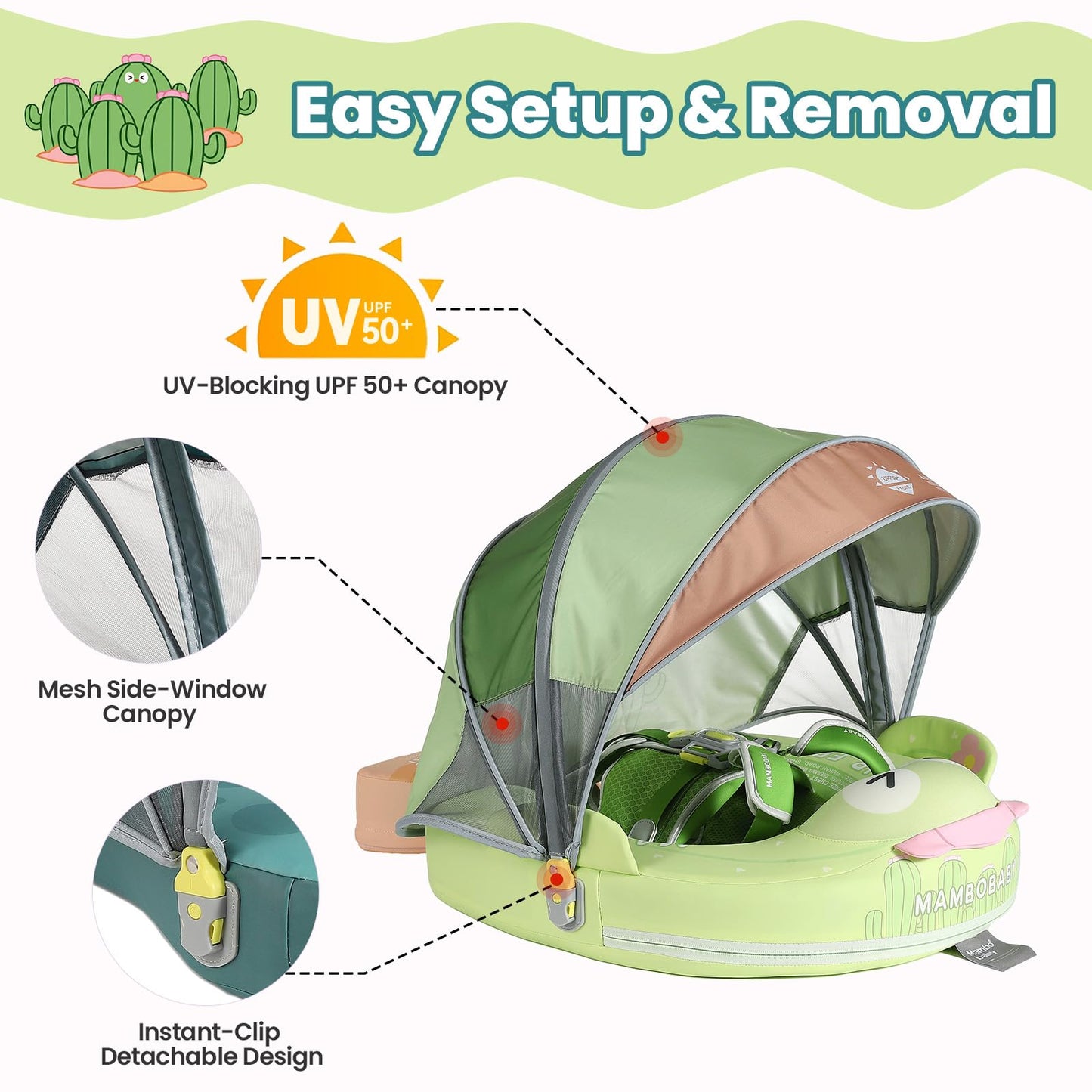 Mambobaby Float Non-Inflatable Baby Float with Canopy, Five-Point Safety System, 3D Canopy(Detachable) UPF 50+, Baby Pool Floats for 3-24 Months, Dual-Mode Toddler Swim Floaties