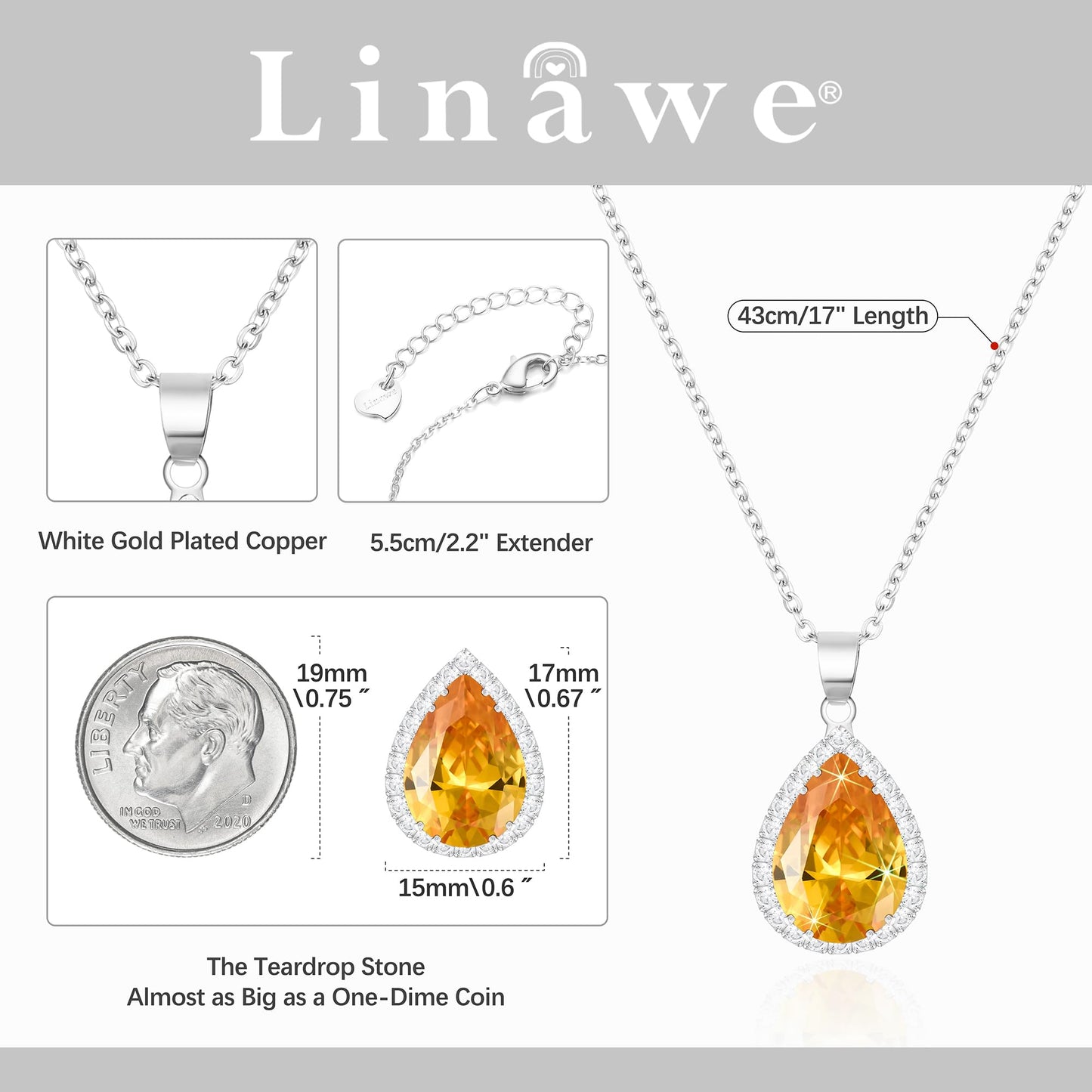 Linawe Silver Chain Necklace for Women, Citrine Crystal Yellow Imitation Diamond Pendant Necklace, Cubic Zirconia Rhinestone Teardrop Boho Jewelry Set