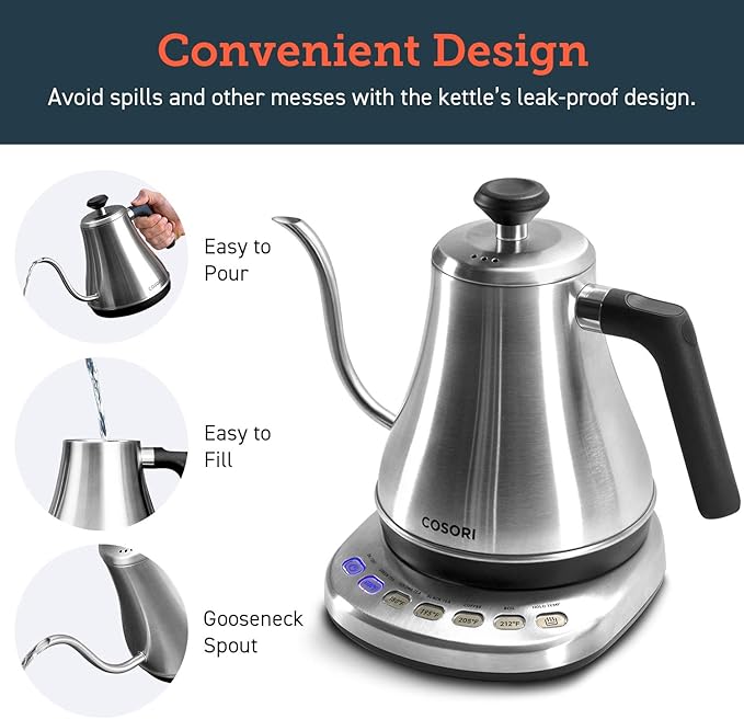 COSORI Gooseneck Electric Kettle with 5 Variable Presets, Pour Over & Coffee maker, 100% Stainless Steel Inner Lid & Bottom, 1200 Watt Quick Heating, 0.8L, Silver