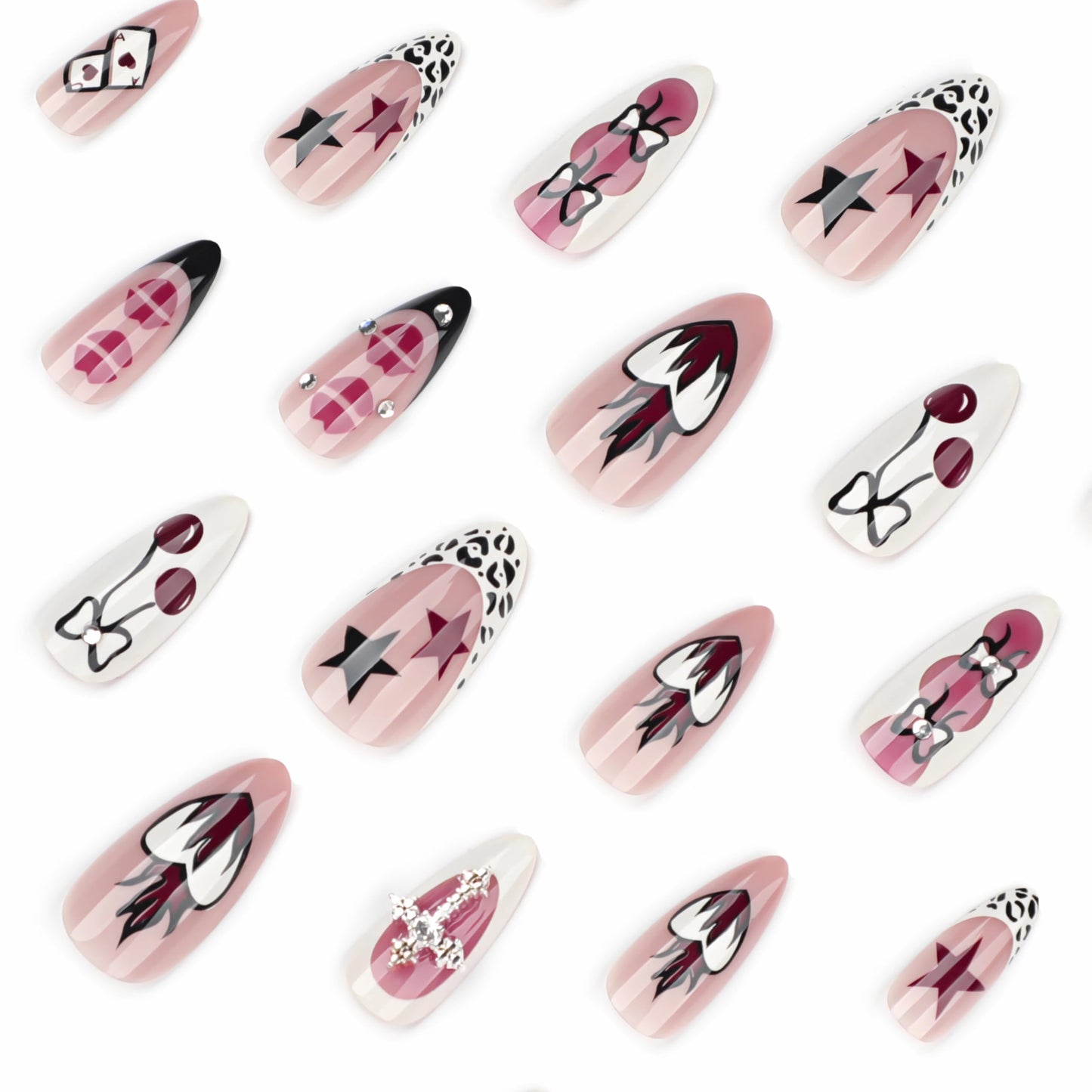 BABALAL Medium Almond Press on Nails, Gothic Acrylic Nails with Cross Charm, Heart, Bow and Lips Designs, 24Pcs Glossy Full Cover False Nails Set for Women and Girls