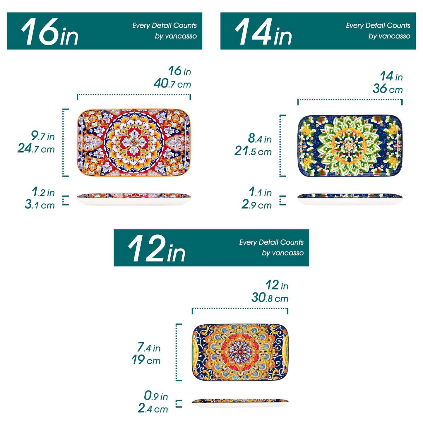 vancasso Serving Platters Set of 3, 16"/14"/12" Inch Rectangular Trays - Serving Platter Extra Large, Ceramic Bohemian Serving Dish for Entertaining Food, Microwave & Dishwasher Safe, Colorful