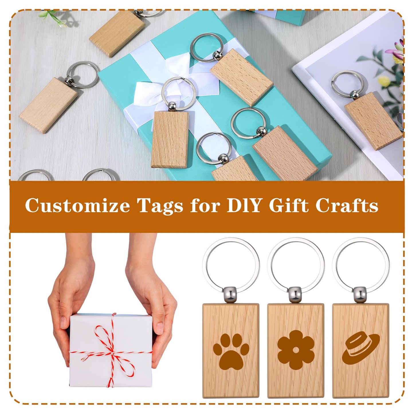 50 Pcs Wooden Keychain Blanks, Unfinished Wood Key Chains Bulk for DIY, Laser Engraving Gifts, Crafting, Gift Making, Rectangle Shape
