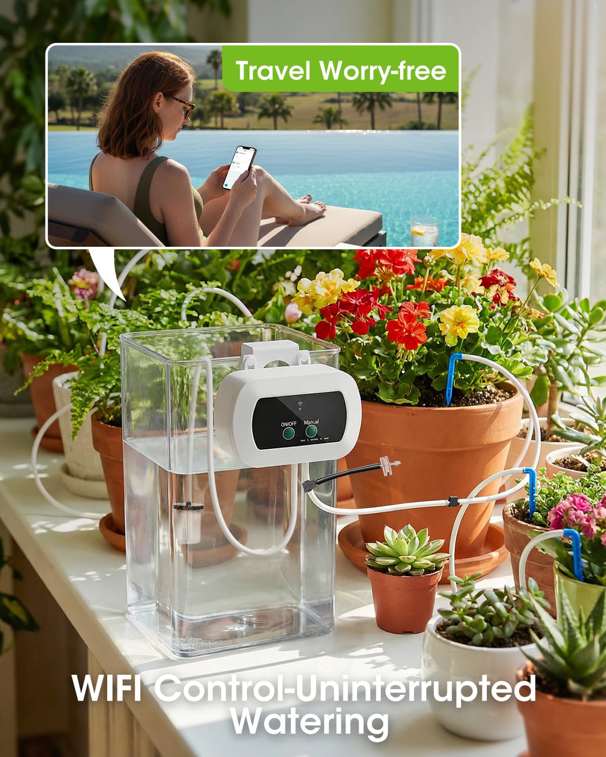 MQHUAYU Automatic Watering System for Potted Plants,[Wi-Fi & App Control] Smart Plant Watering Devices for Indoor Outdoor, Automatic Drip Irrigation System Device Kit-USB Charging,Water 10 Plants