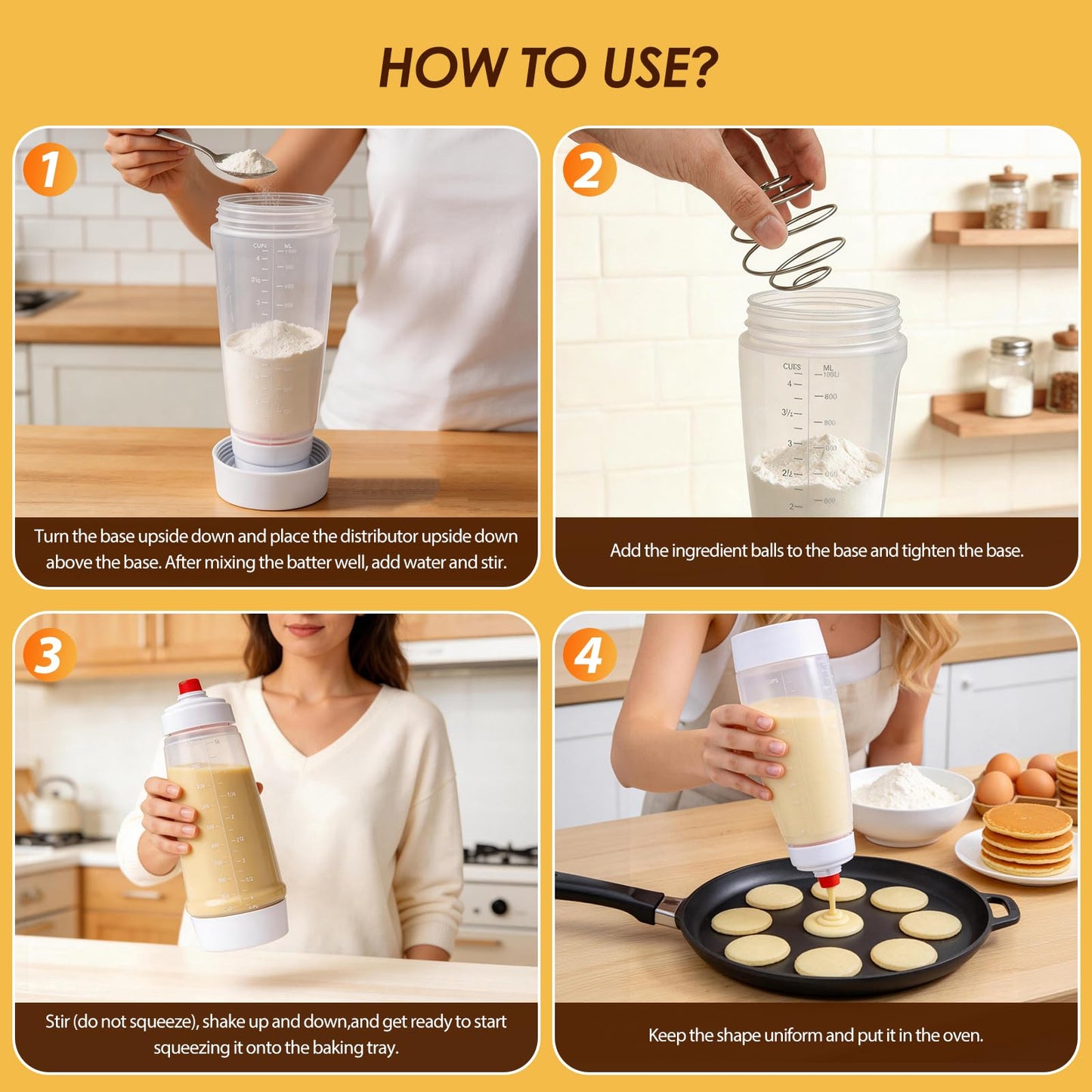 Pancake Batter Dispenser Bottle Kit with 7 Accessories, 1000ml Silicone Squeeze Pancake Mixer Bottle with Whisk Ball and Stand Base, Pancake Shaker Bottles for Cupcakes Muffins Waffle Crepes(2pack)