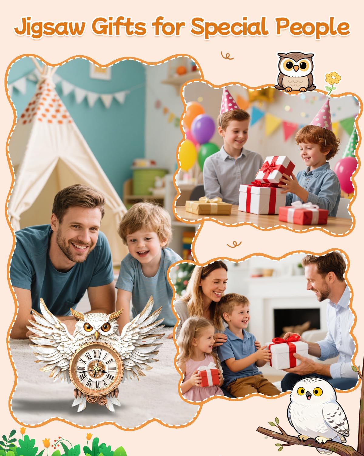 Rnfinewow 3D Wooden Puzzles for Adults, Snowy Owl Clock Kit with Pendulum, Beginner 3D Puzzles Model Kit DIY Crafts for Home Wall Decor Hobbies Birthday Christmas Day Gift for Teens Adults