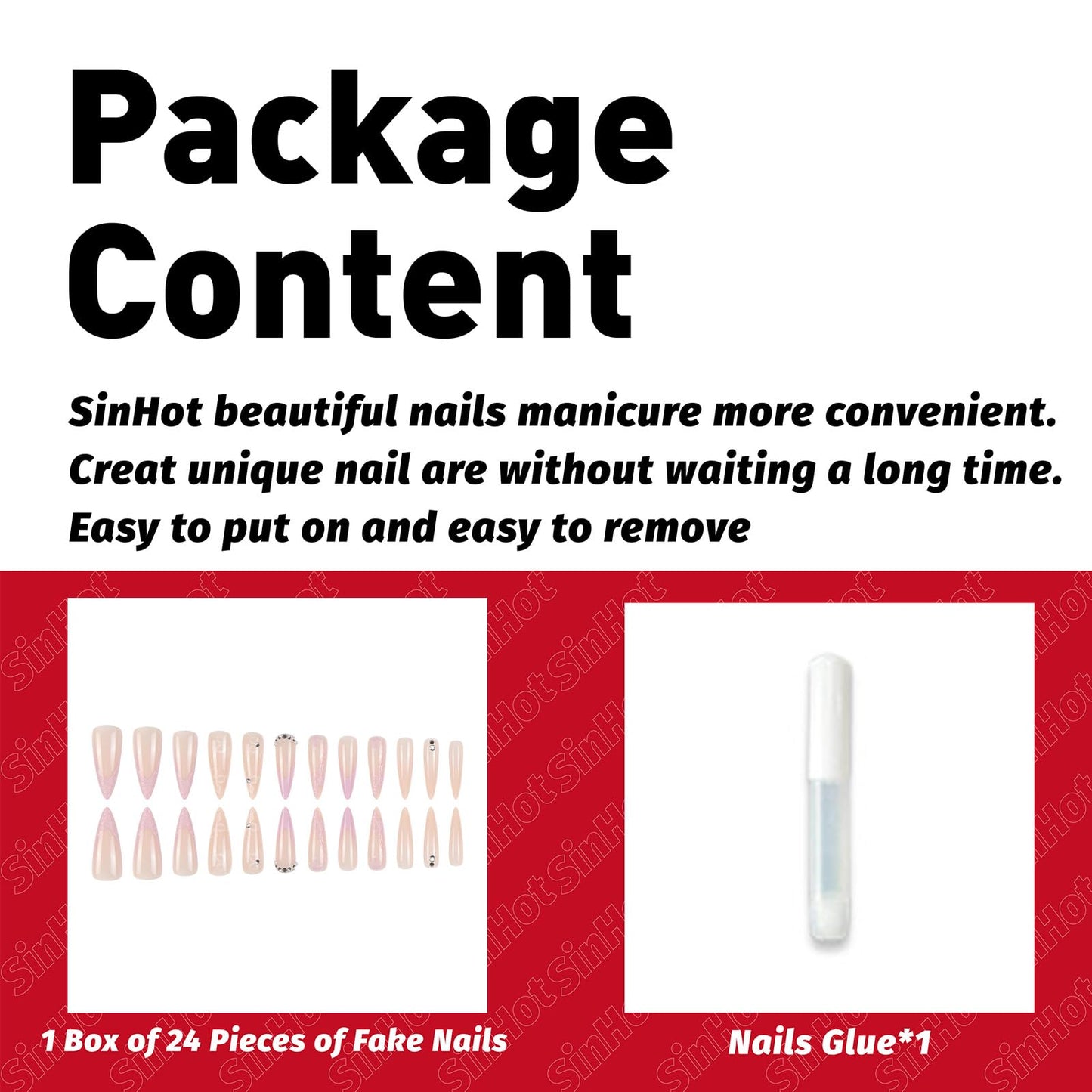 SINHOT Stiletto Press on Nails - Long Fake Nails, Glossy Finish, White Flower & 3D Rhinestones, DIY Artificial False Nail Art - 24 Pcs Nail Kit with Glue