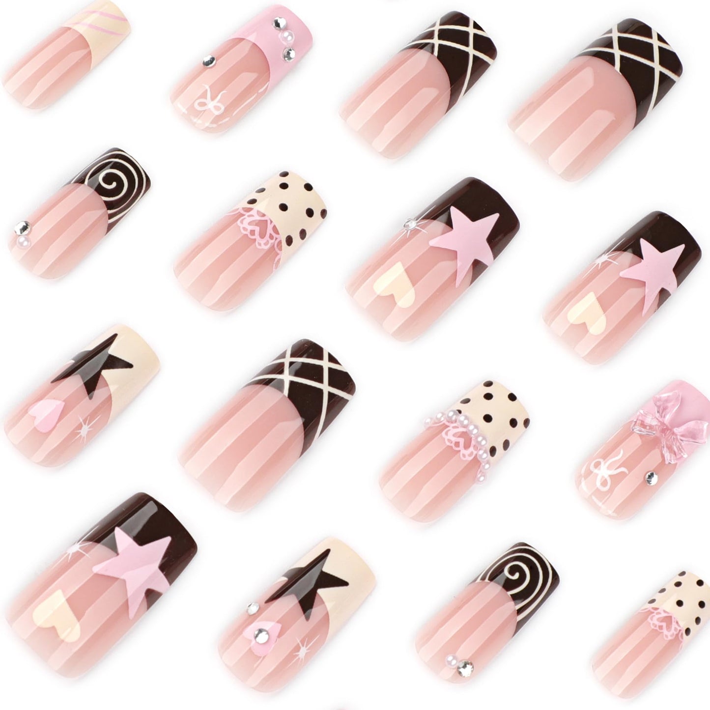 plalely Press on Nails French Tip, Handmade Acrylic Press on French Tip Nails with Flower Designs，Long Square Nail Press Ons for Women 24pcs